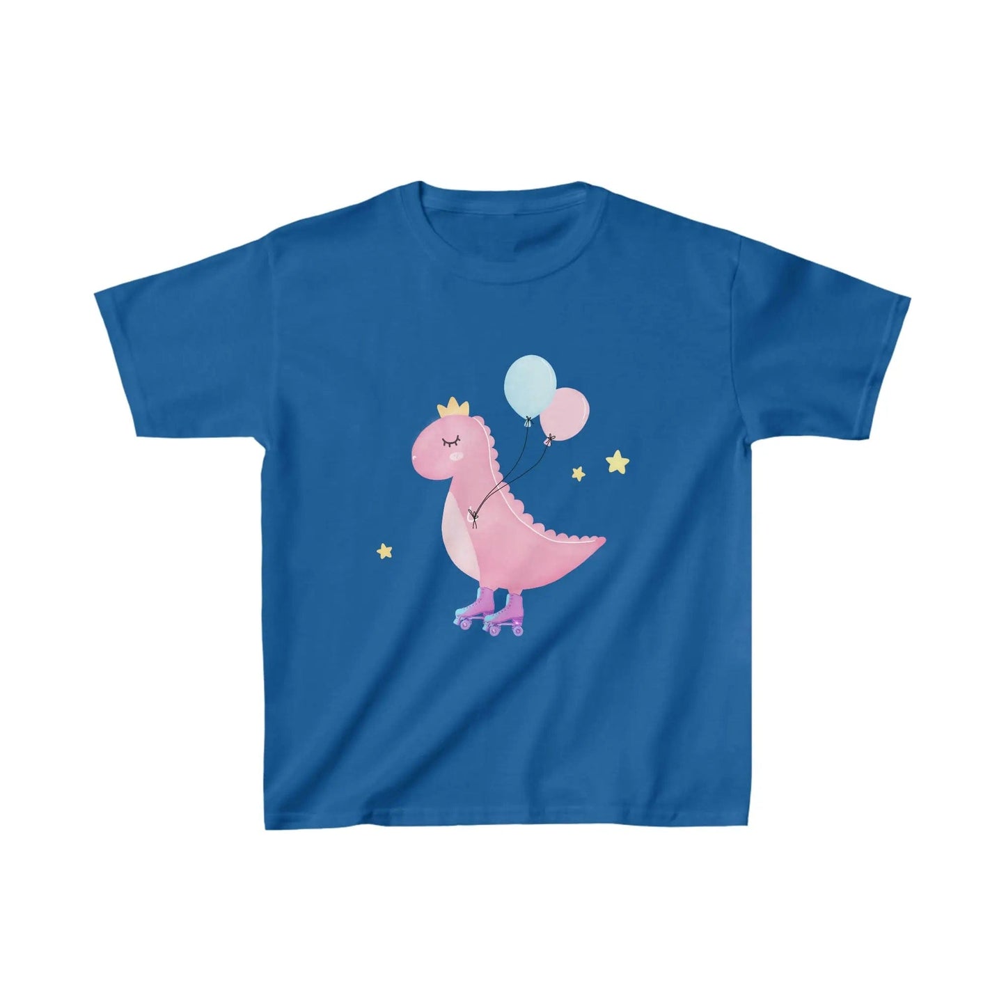 Dino dinosaur skating balloons, Kids Heavy Cotton Tee Royal