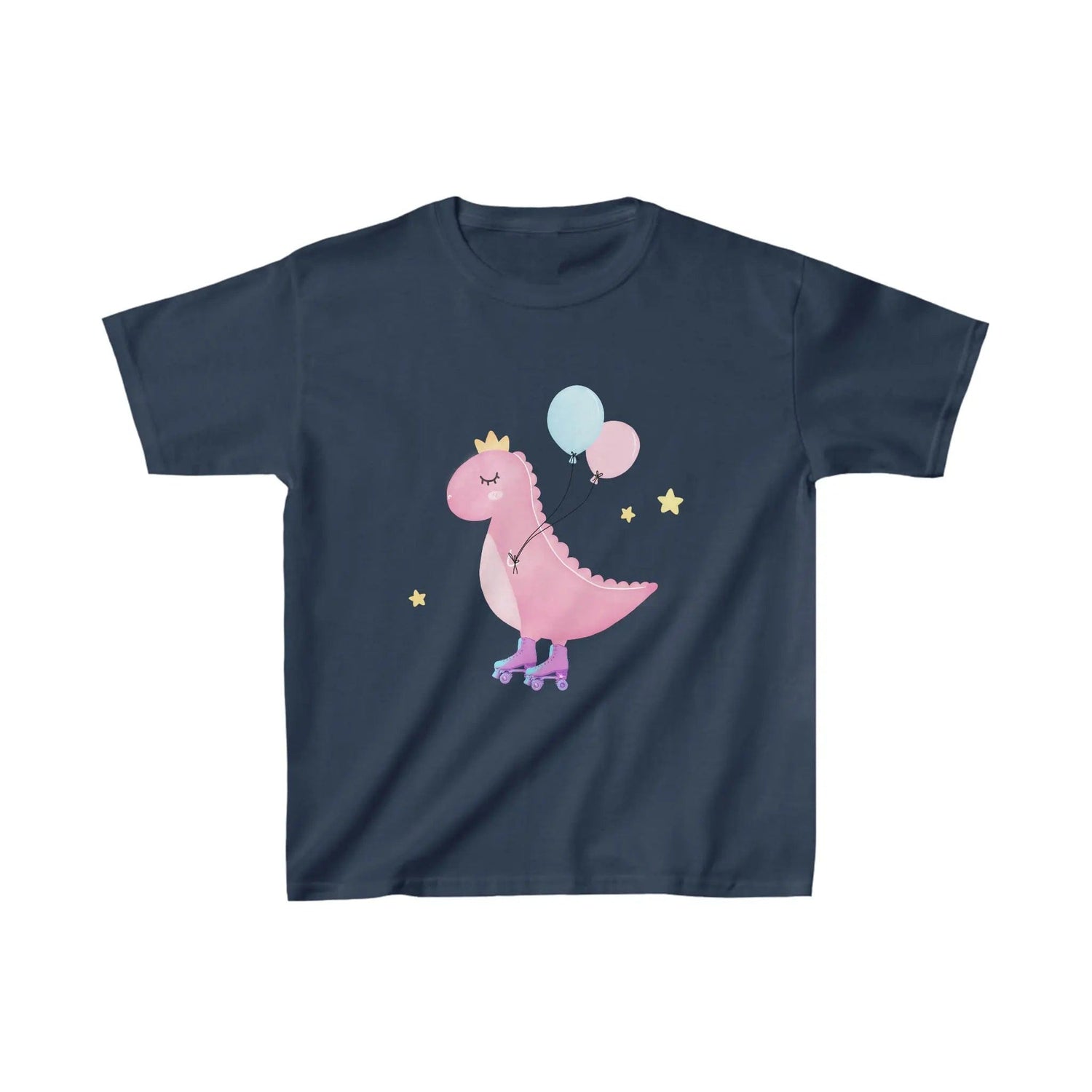 Dino dinosaur skating balloons, Kids Heavy Cotton Tee Navy