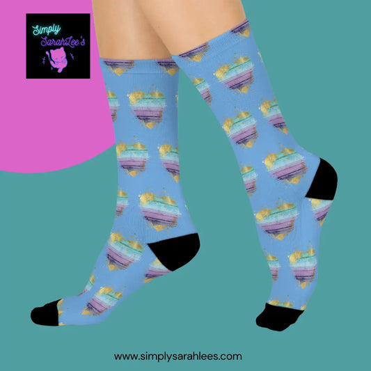 Distressed Heart with gold Cushioned Crew Socks in blue Printify