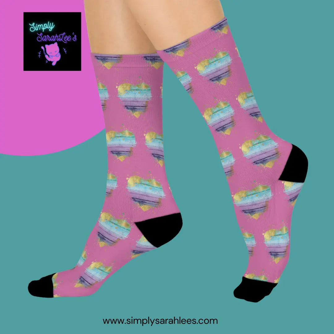 Distressed Heart with gold Cushioned Crew Socks in pink Printify