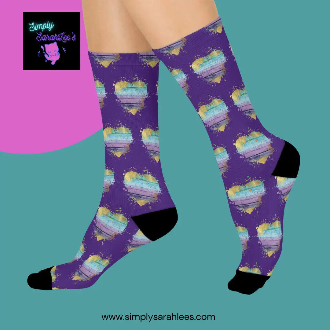 Distressed Heart with gold Cushioned Crew Socks in purple Printify