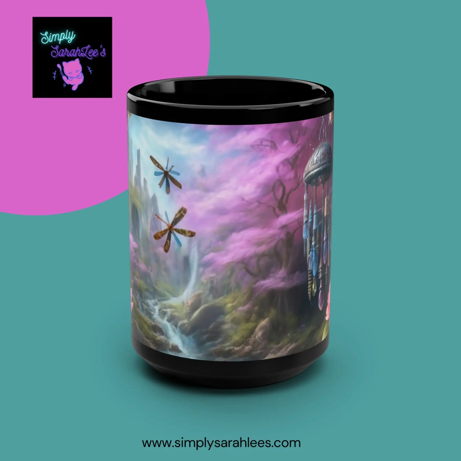 Dragonflies and Windchimes *Custom* Black Mug, 15oz Printify