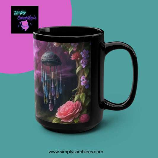 Dragonflies and Windchimes *Custom* Black Mug, 15oz Printify