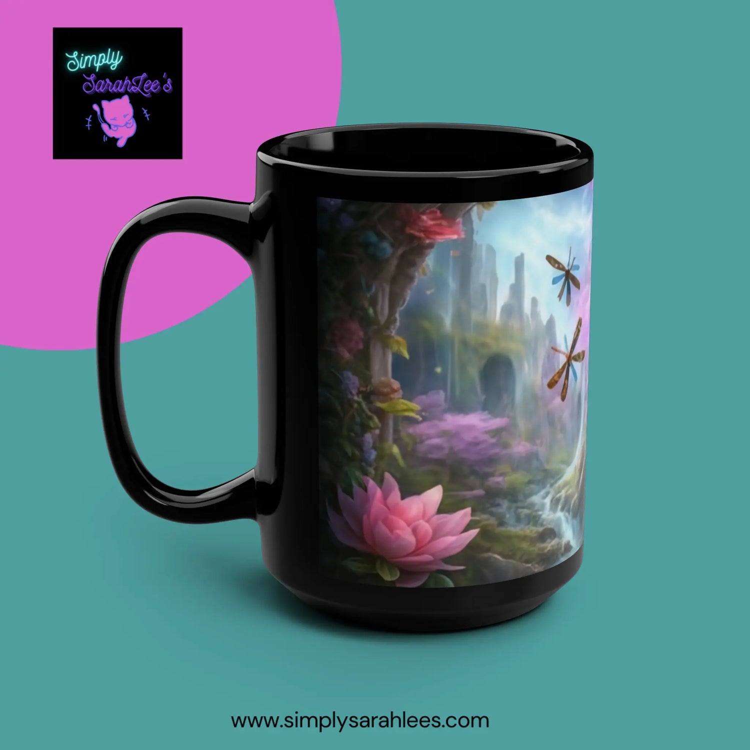 Dragonflies and Windchimes *Custom* Black Mug, 15oz Printify