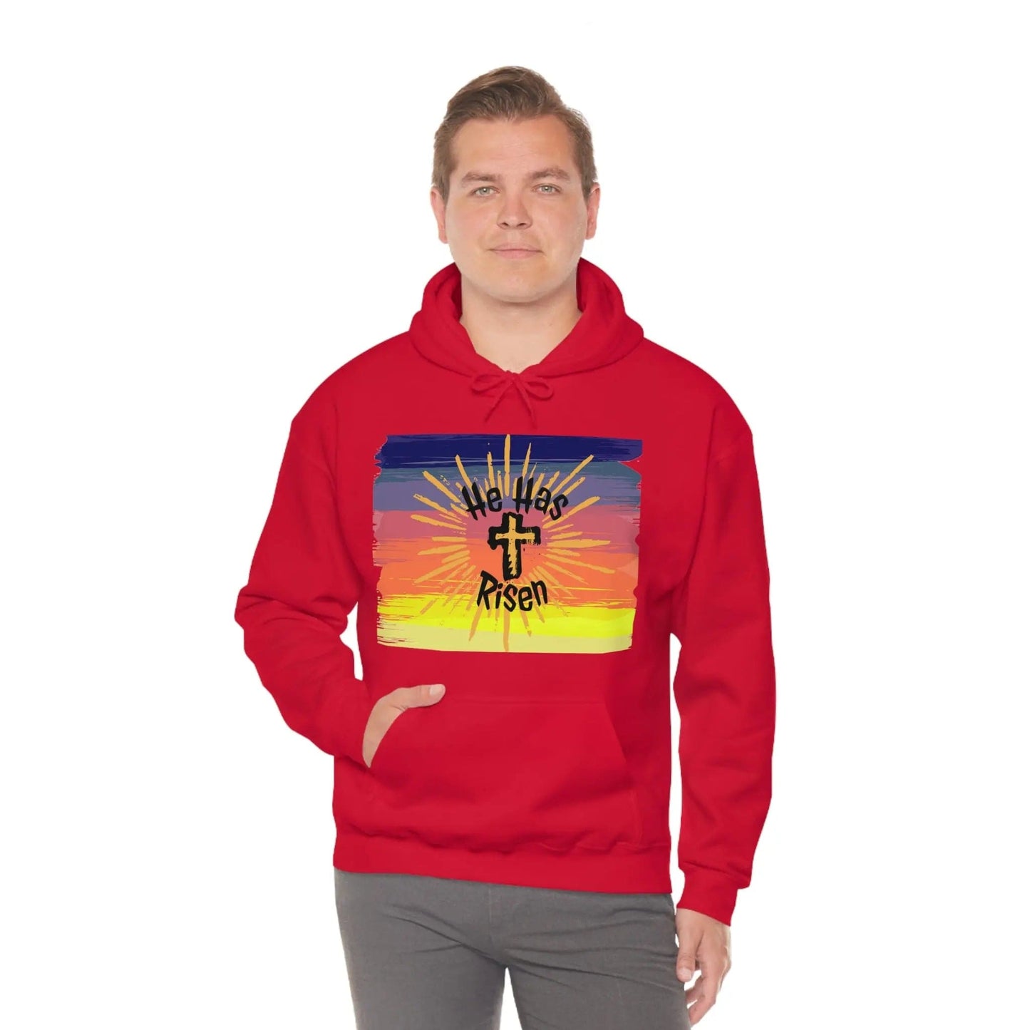 Easter He is Risen Sunset Unisex Heavy Blend Hooded Sweatshirt Red