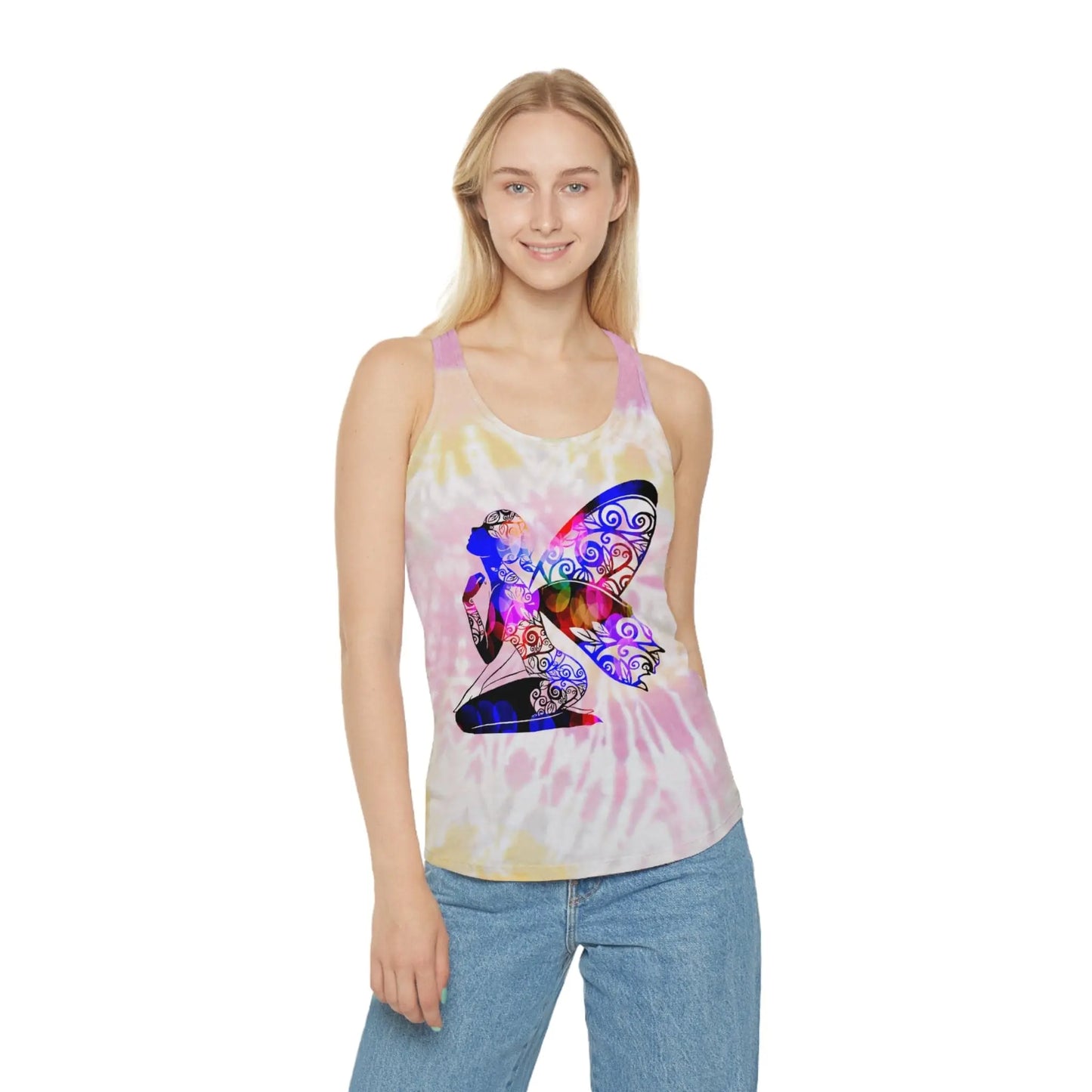 Fairy with Fae lights in black with Tie Dye Racerback Tank Top