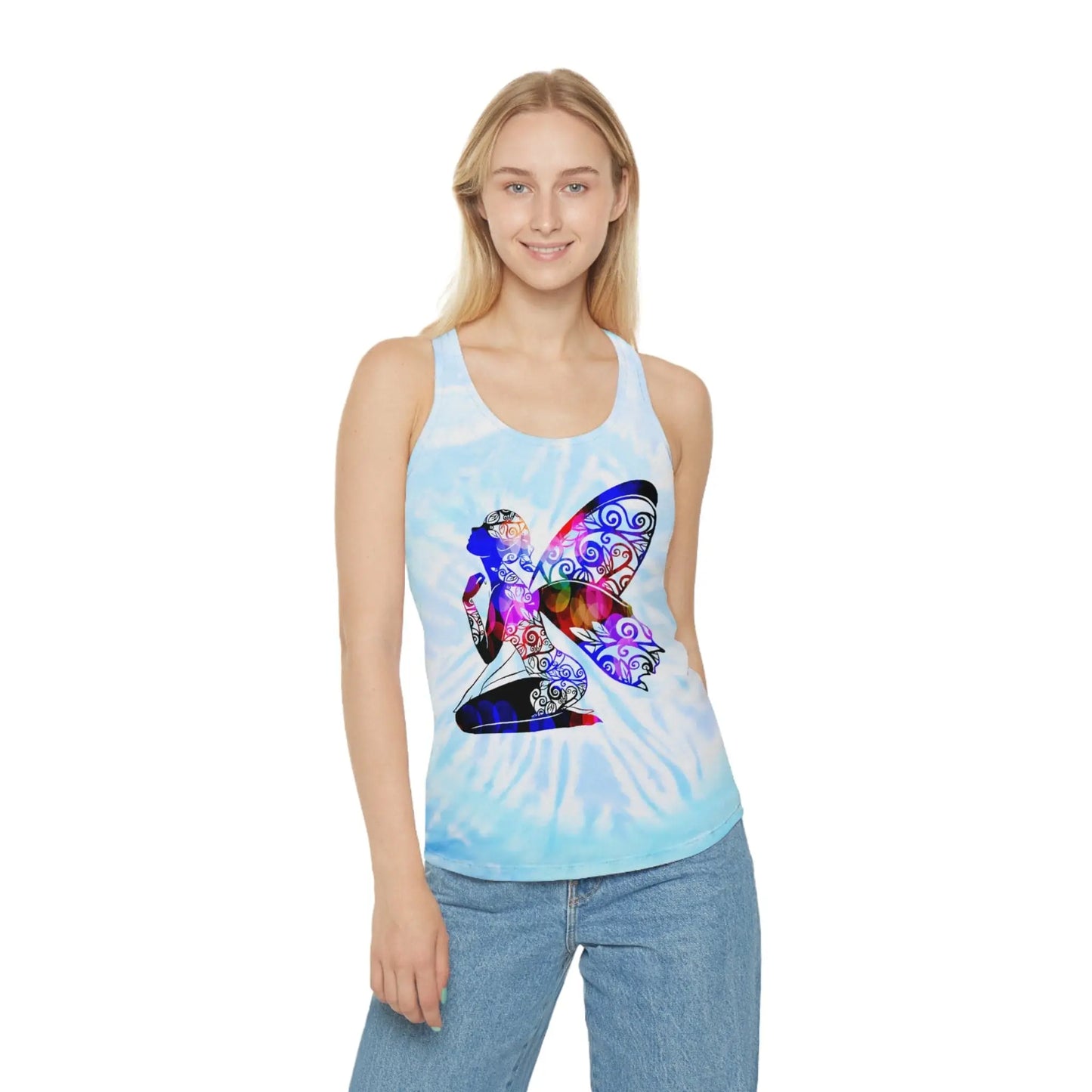 Fairy with Fae lights in black with Tie Dye Racerback Tank Top