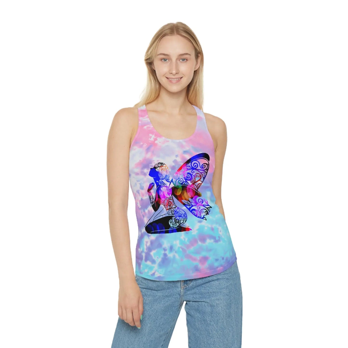 Fairy with Fae lights in black with Tie Dye Racerback Tank Top