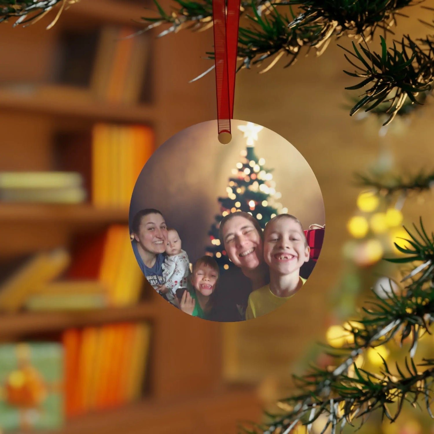 Fam with Tree Metal Ornaments Printify