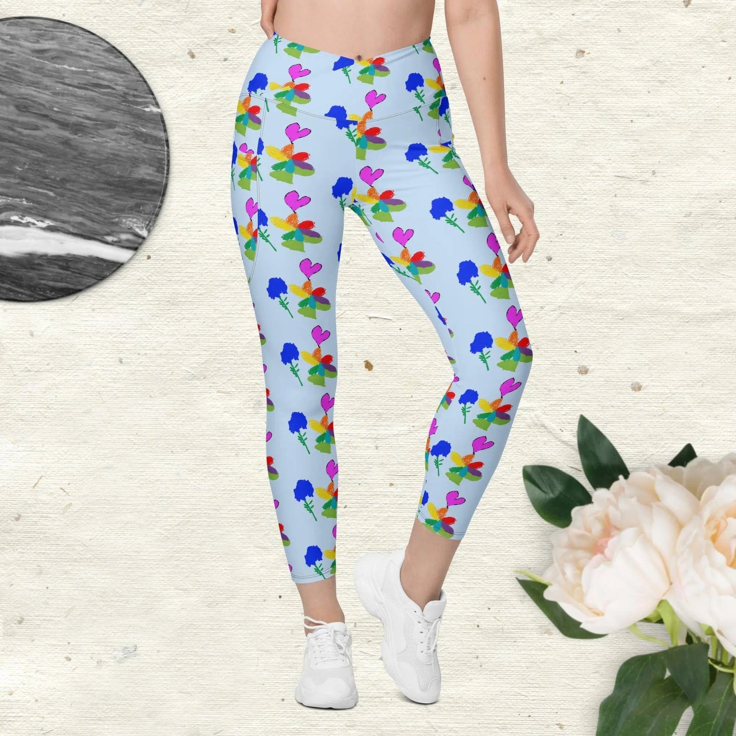 Flower drawing by kids Crossover leggings with pockets in blue