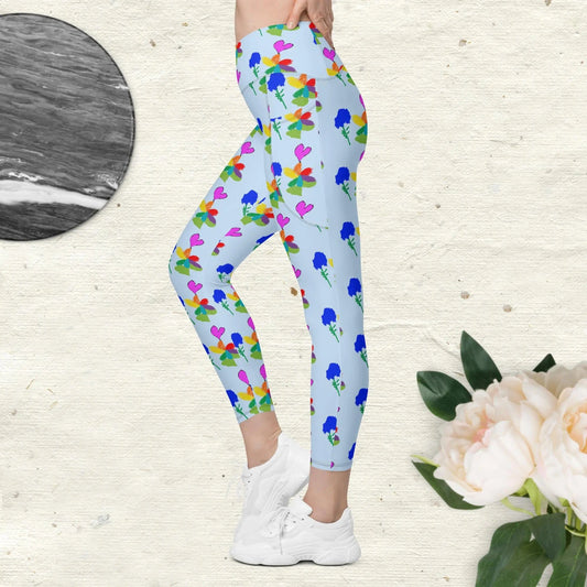 Flower drawing by kids Crossover leggings with pockets in blue