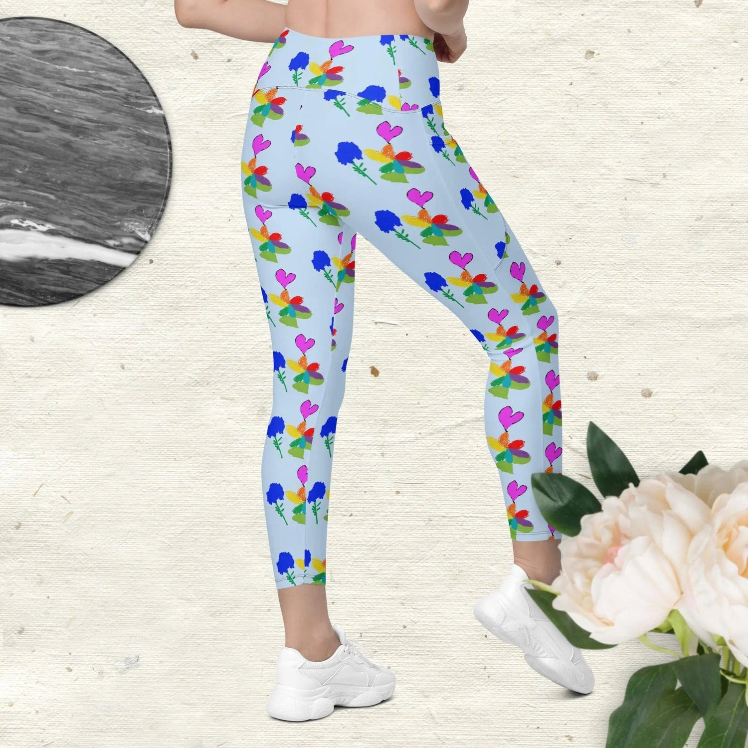 Flower drawing by kids Crossover leggings with pockets in blue