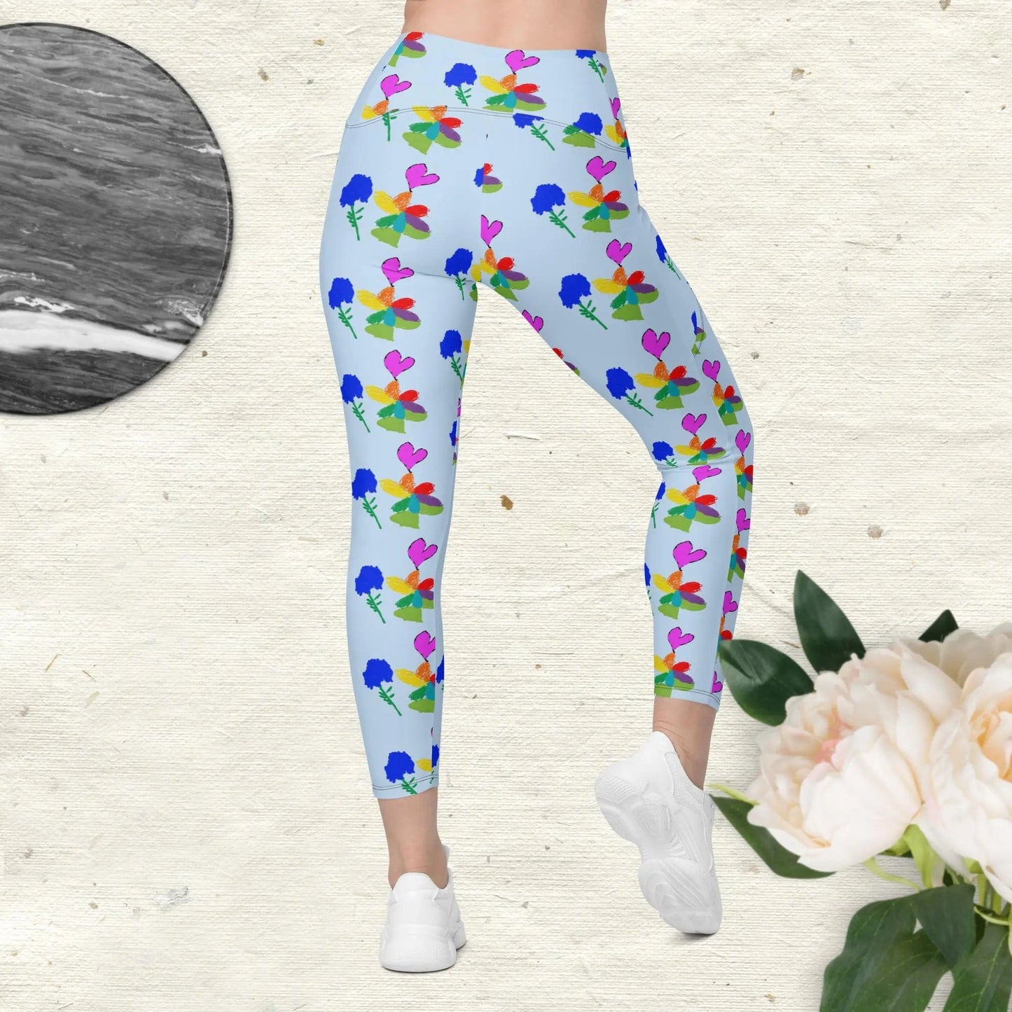 Flower drawing by kids Crossover leggings with pockets in blue