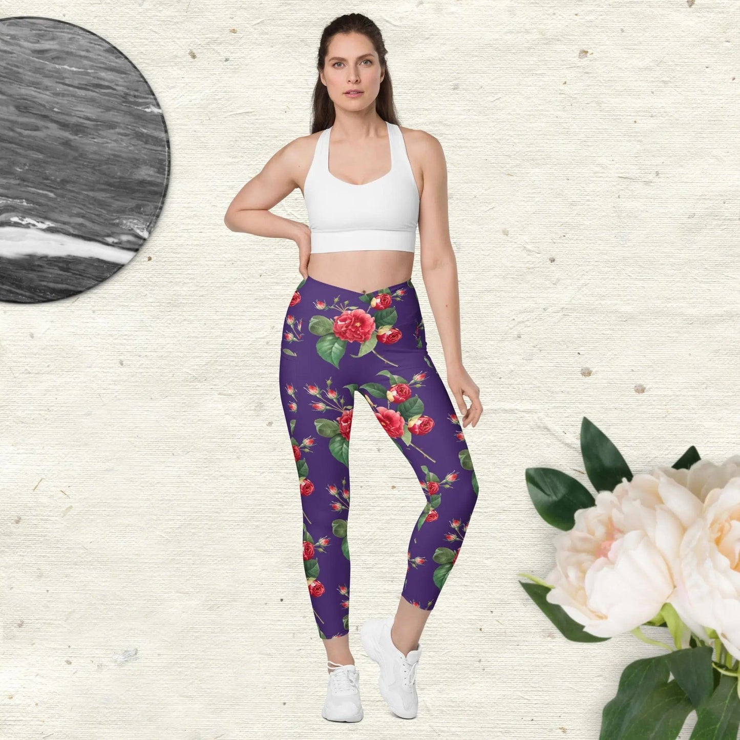 Flower rose print Crossover leggings with pockets in purple