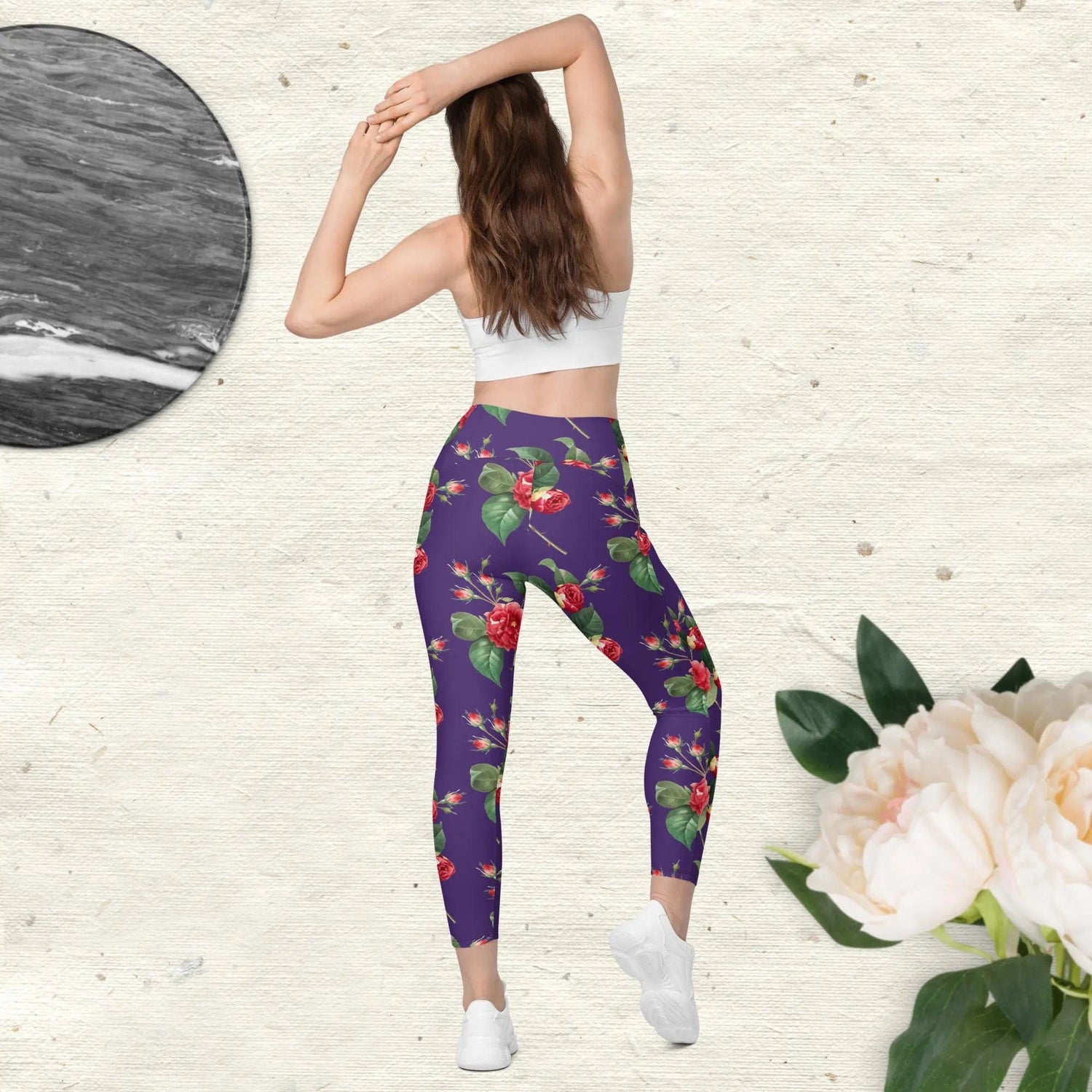 Flower rose print Crossover leggings with pockets in purple