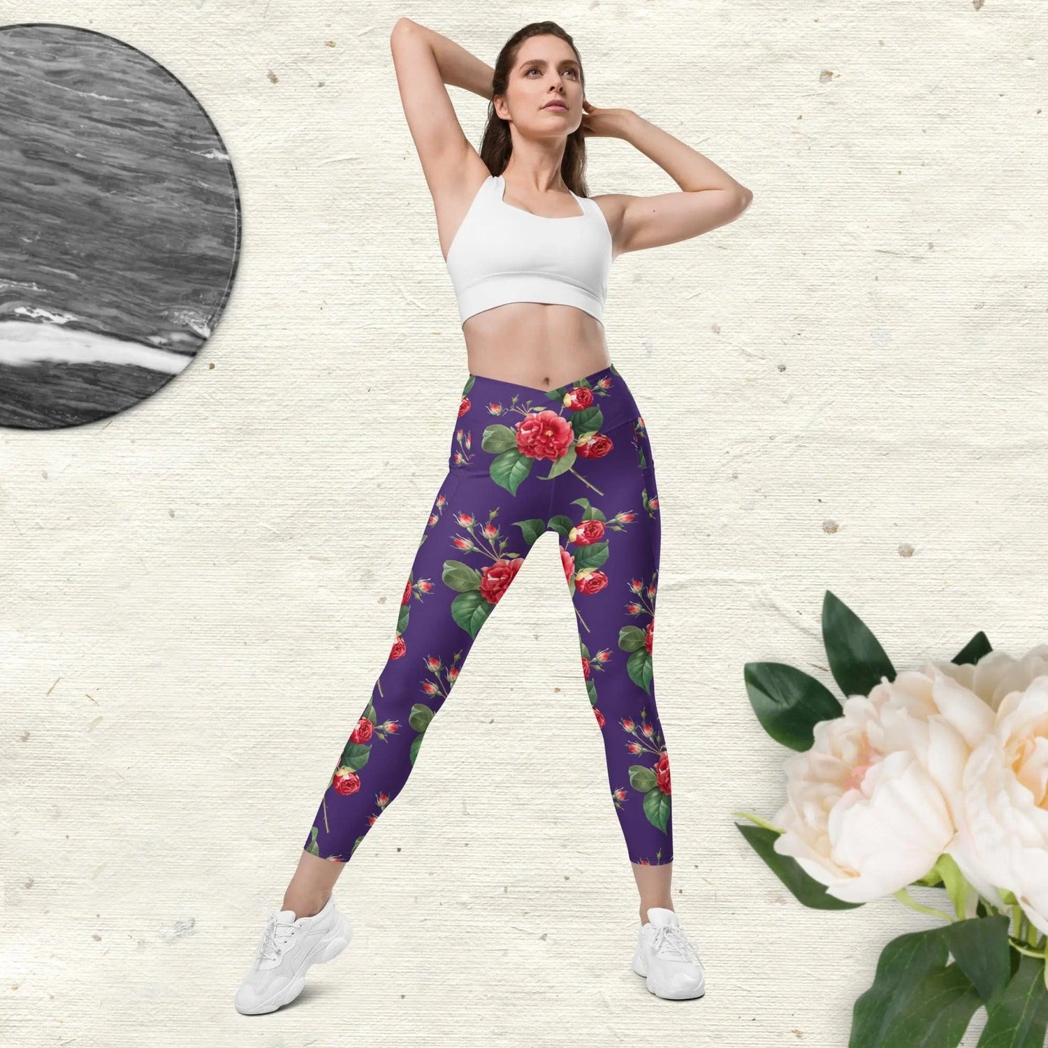 Flower rose print Crossover leggings with pockets in purple