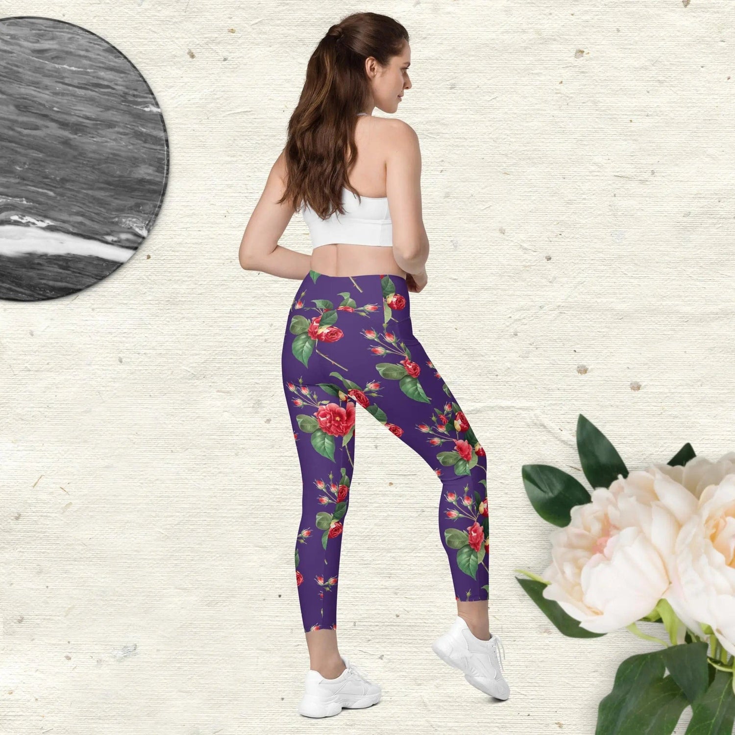 Flower rose print Crossover leggings with pockets in purple