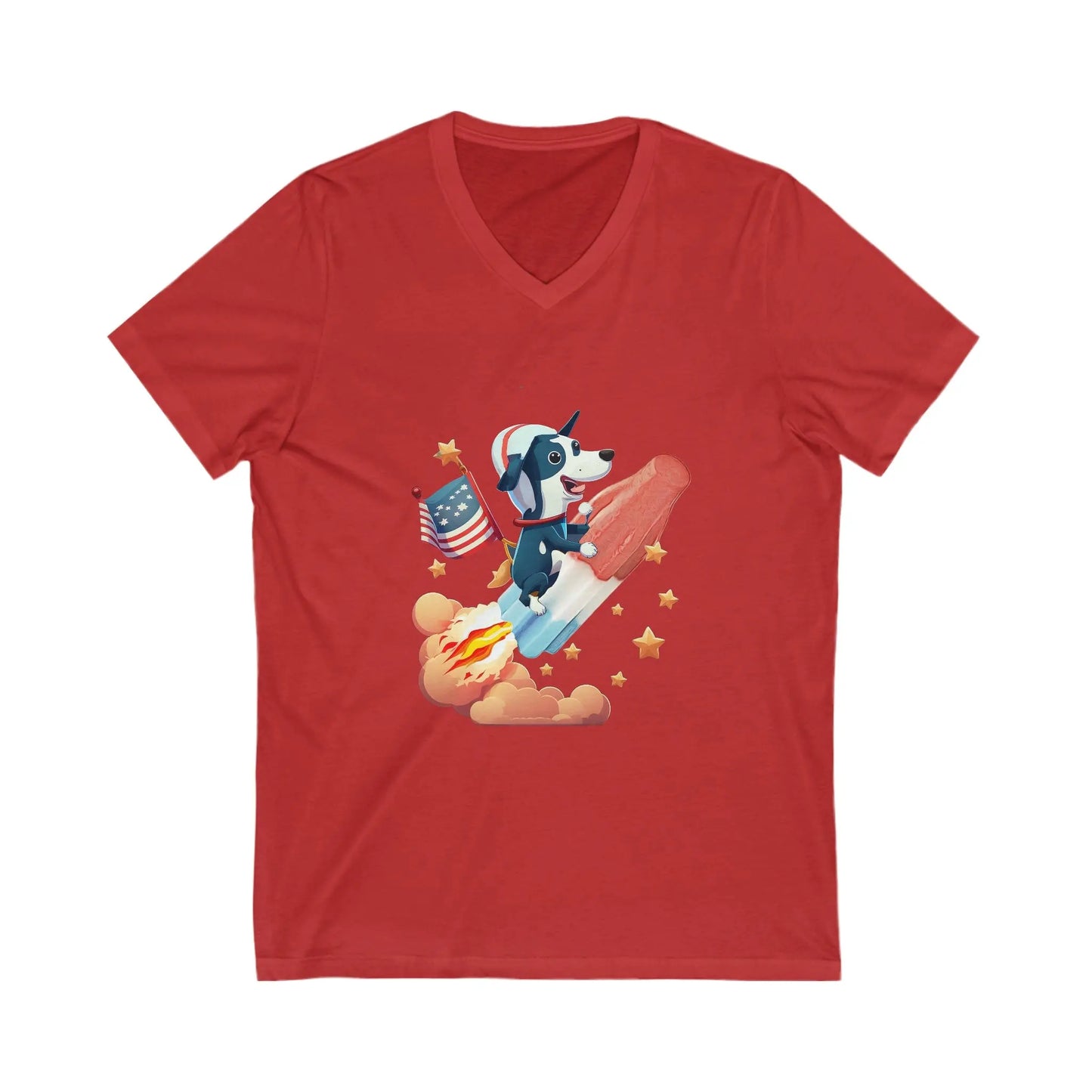 Funny Dog on a Rocket Pop, Patriotic, 4th of July, American, Unisex Jersey Short Sleeve V-Neck Tee