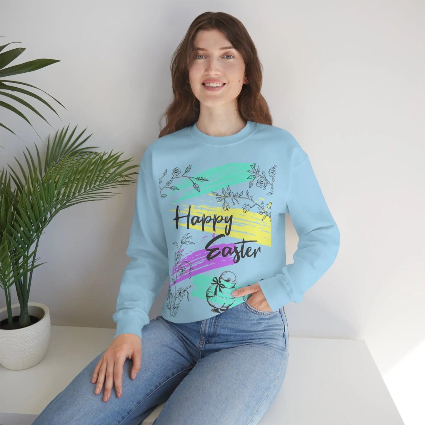 Happy Easter Pastel Unisex Heavy Blend Crewneck Sweatshirt Light Blue