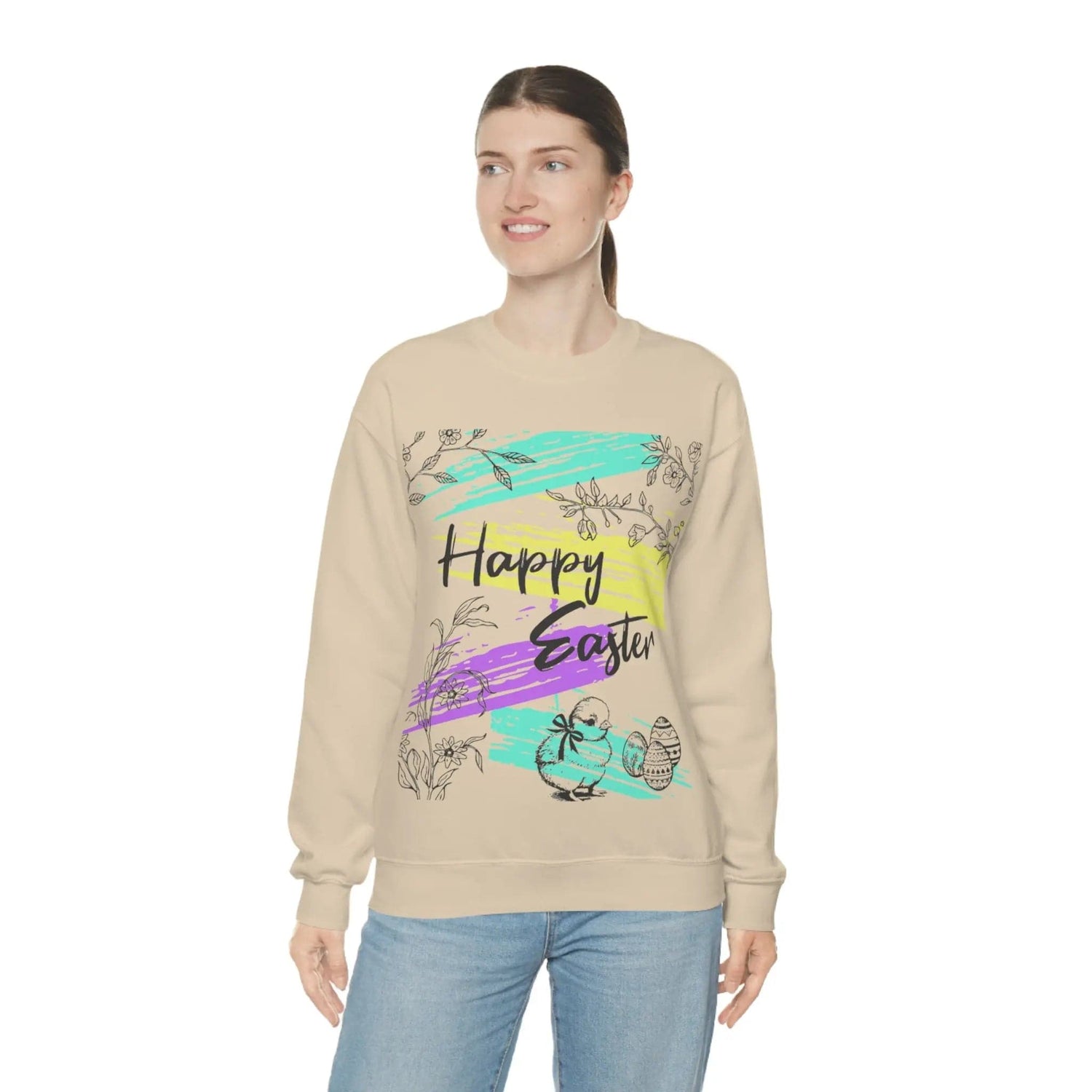 Happy Easter Pastel Unisex Heavy Blend Crewneck Sweatshirt Sand