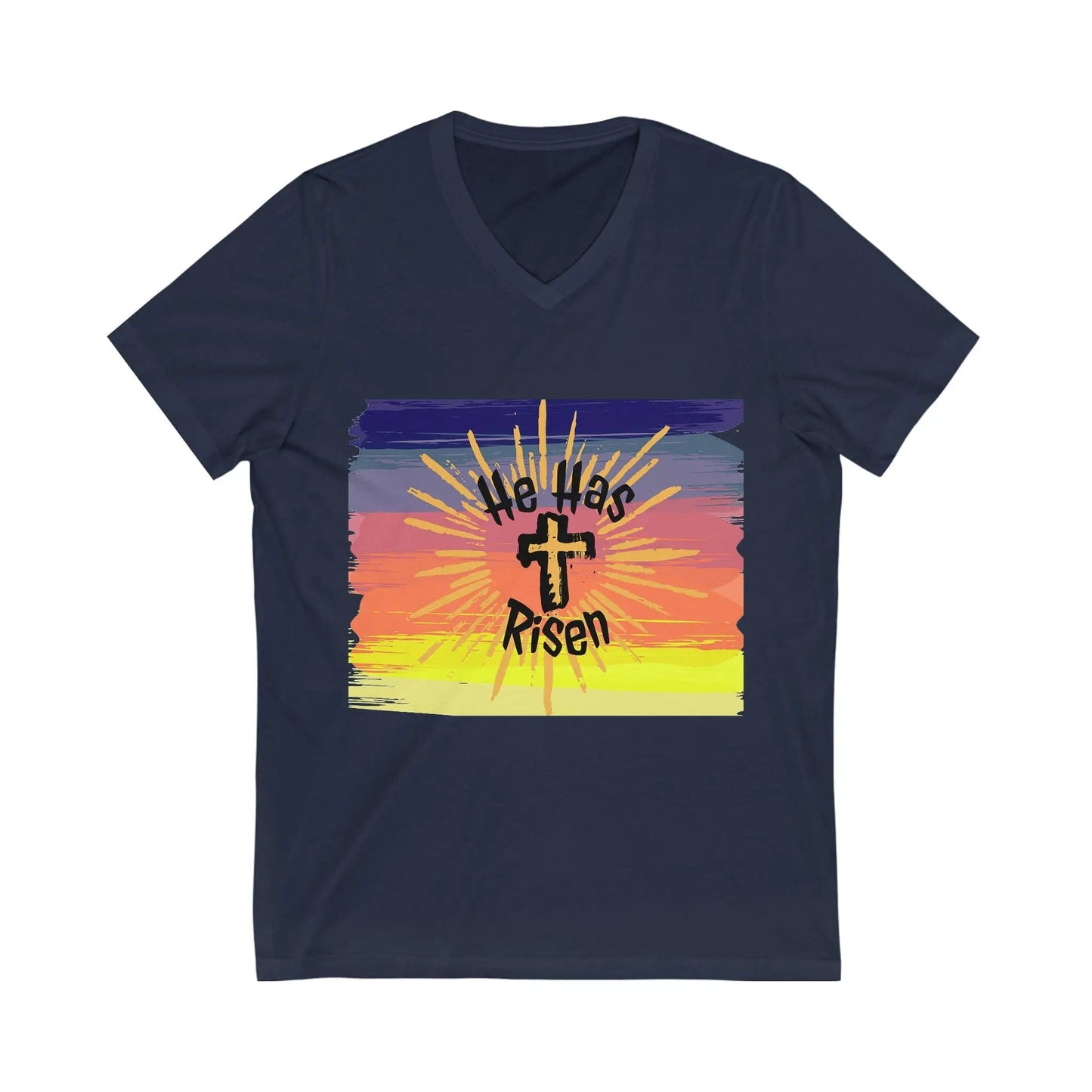 He is Risen Sunset Unisex Jersey Short Sleeve V-Neck T-shirt Navy