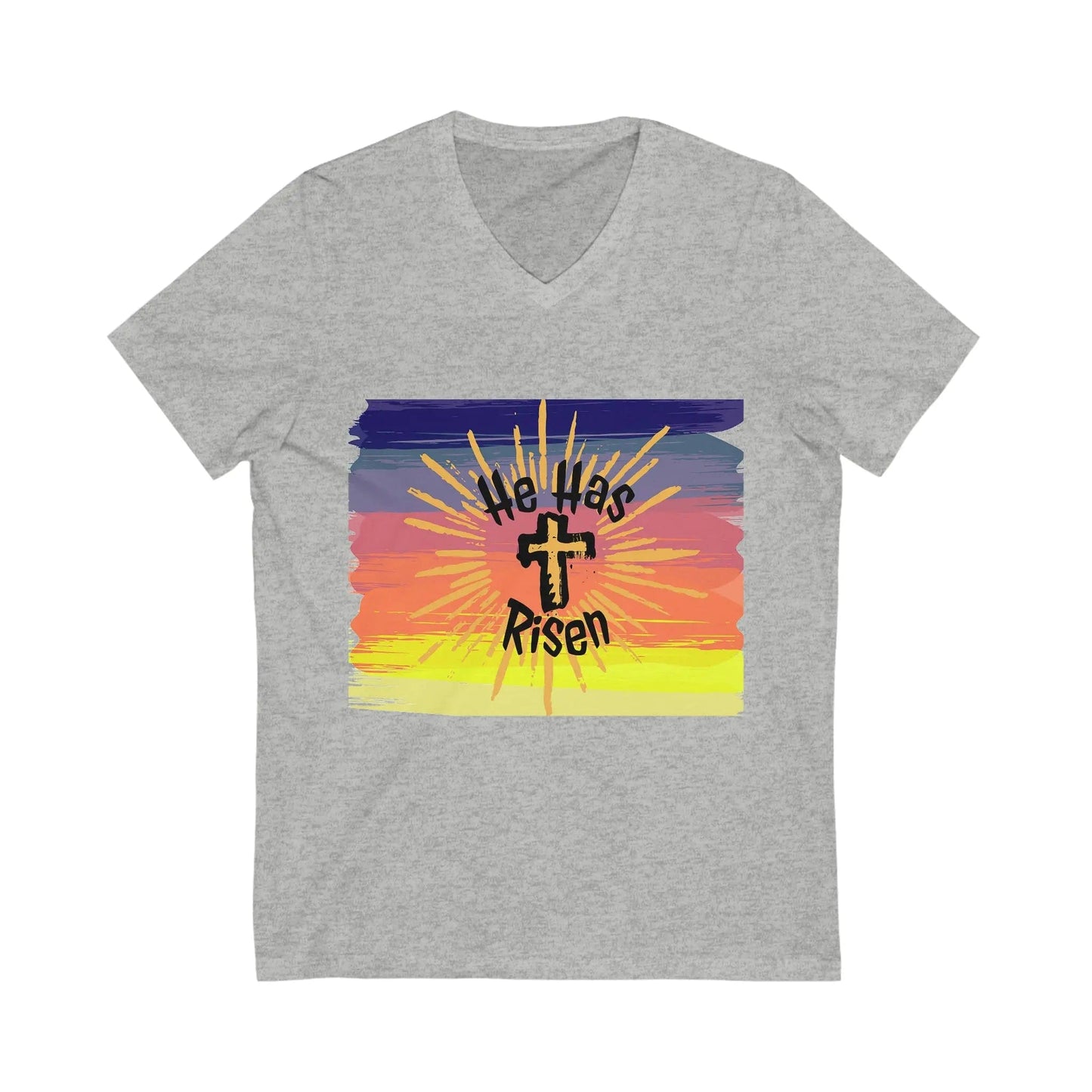 He is Risen Sunset Unisex Jersey Short Sleeve V-Neck T-shirt Athletic Heather