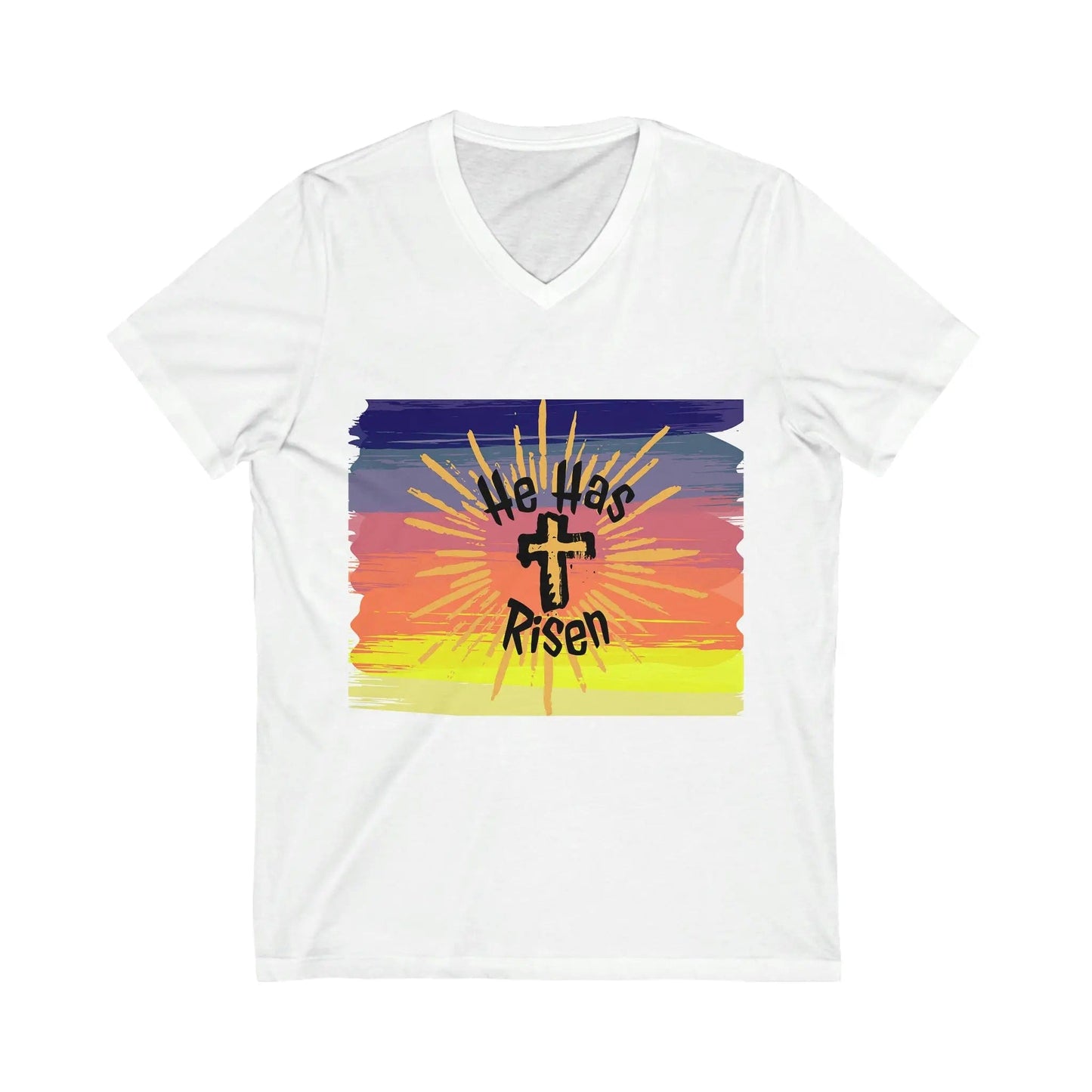 He is Risen Sunset Unisex Jersey Short Sleeve V-Neck T-shirt White