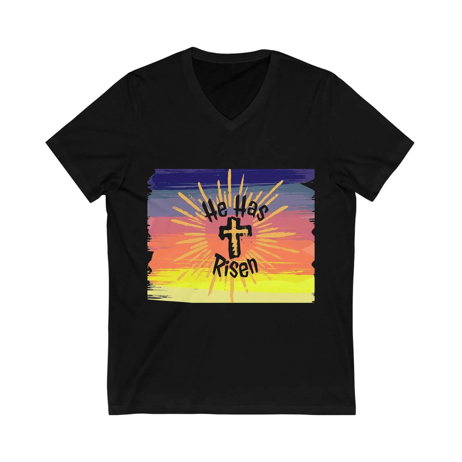 He is Risen Sunset Unisex Jersey Short Sleeve V-Neck T-shirt Black