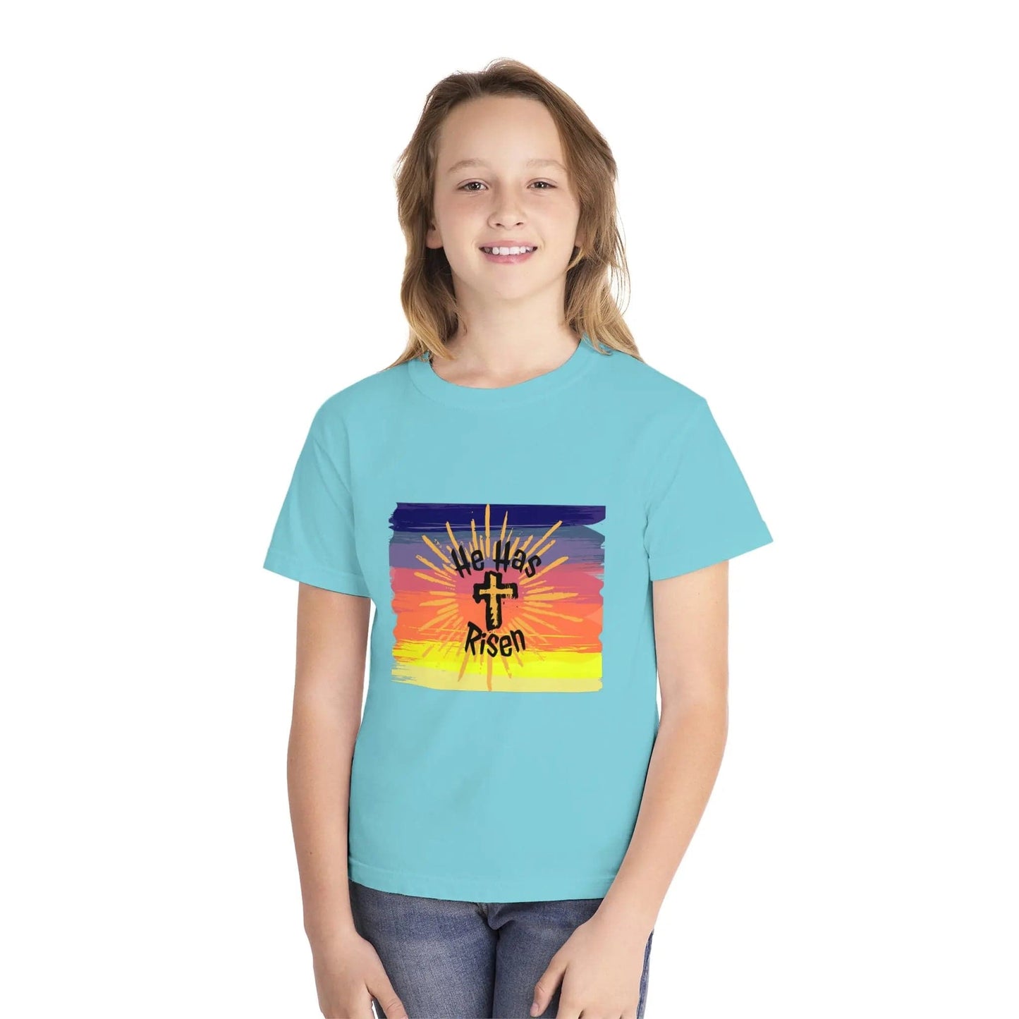 He is Risen! Youth Midweight Tee Lagoon Blue