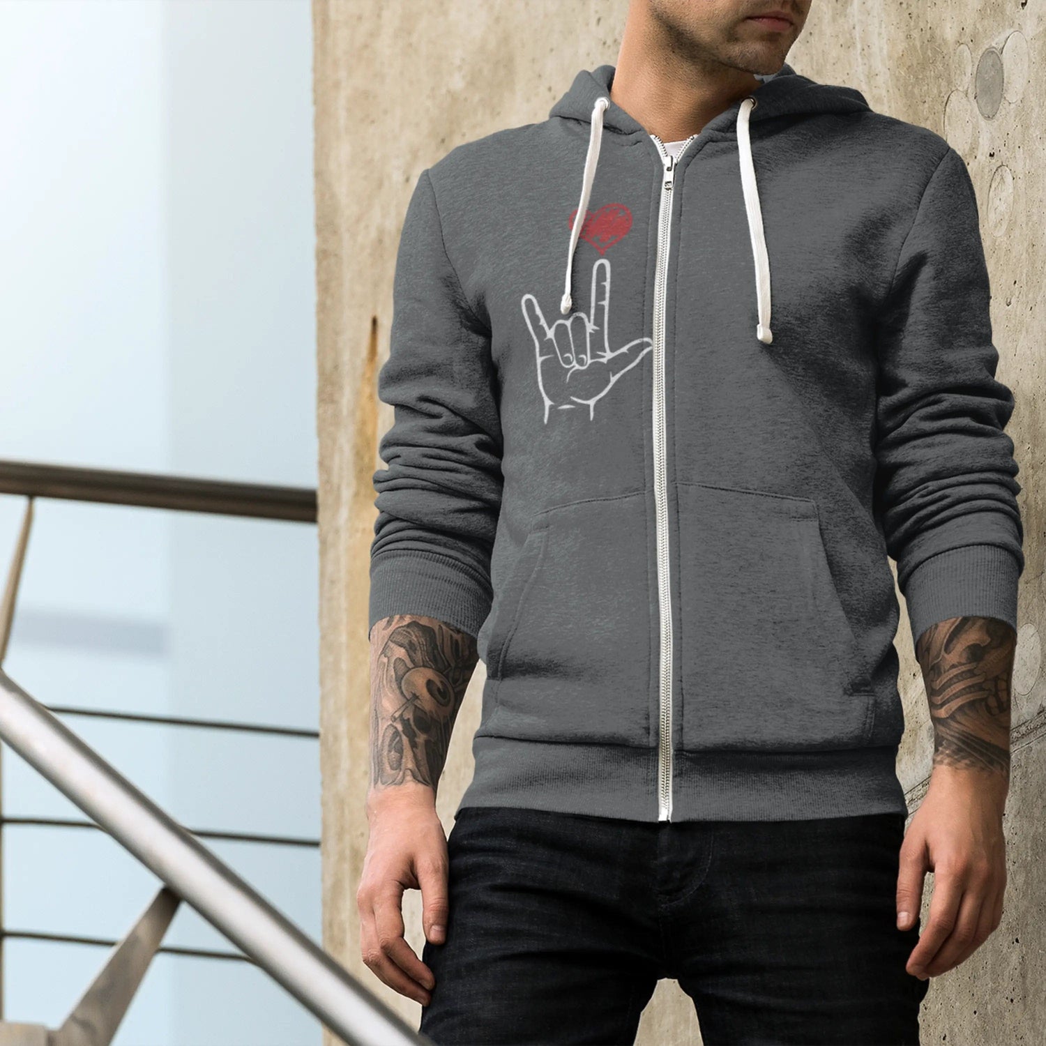 I Love You Hand Sign Hoodie Full Zip Hooded Sweatshirt