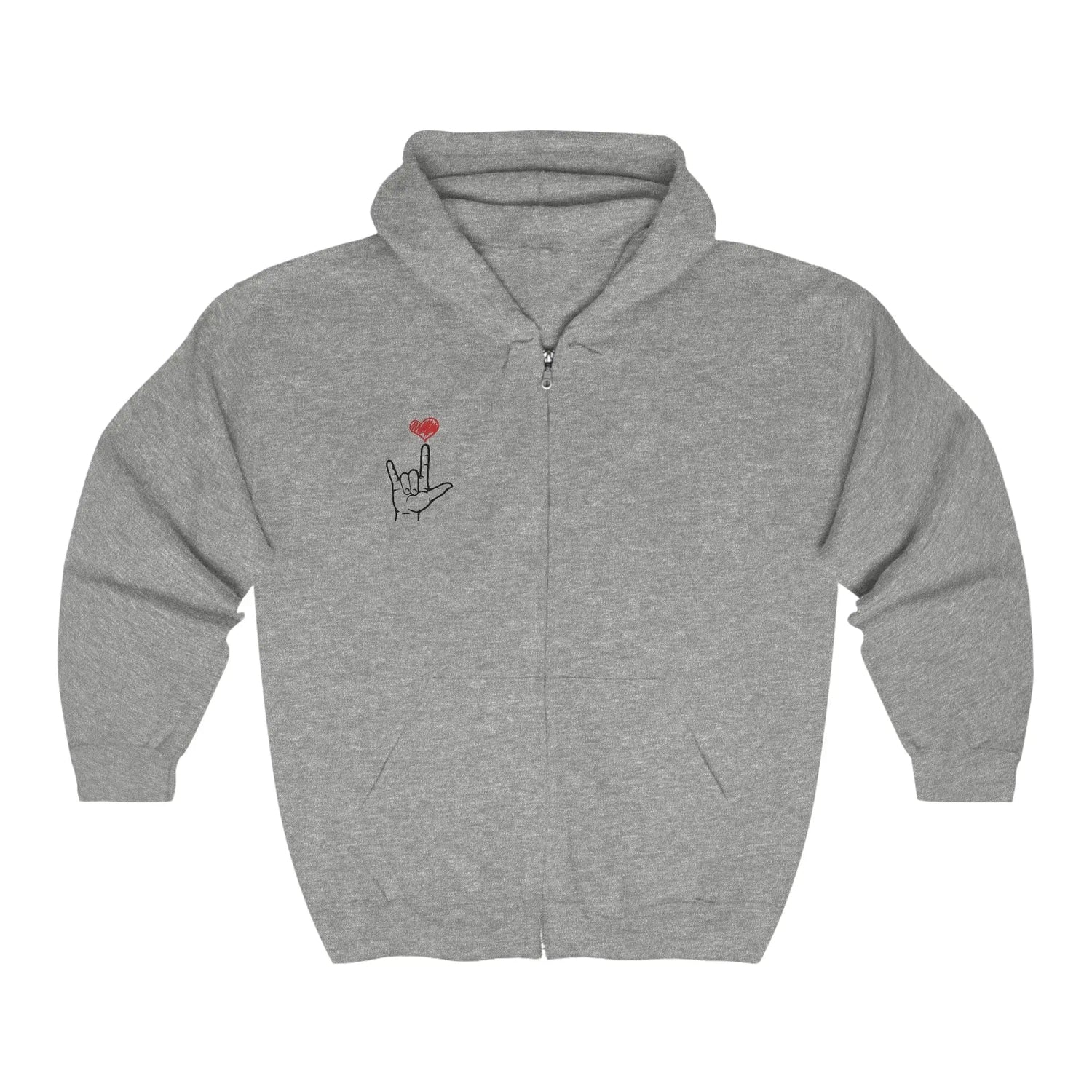 I Love You Hand Sign Hoodie Full Zip Hooded Sweatshirt Sport Grey