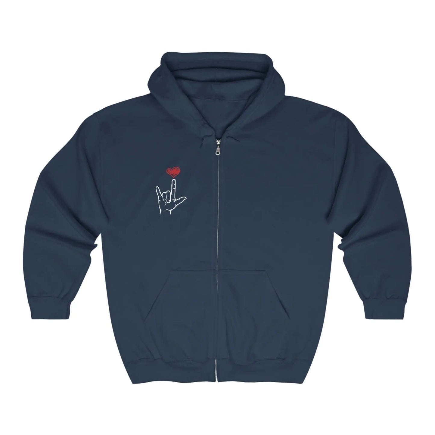 I Love You Hand Sign Hoodie Full Zip Hooded Sweatshirt Navy