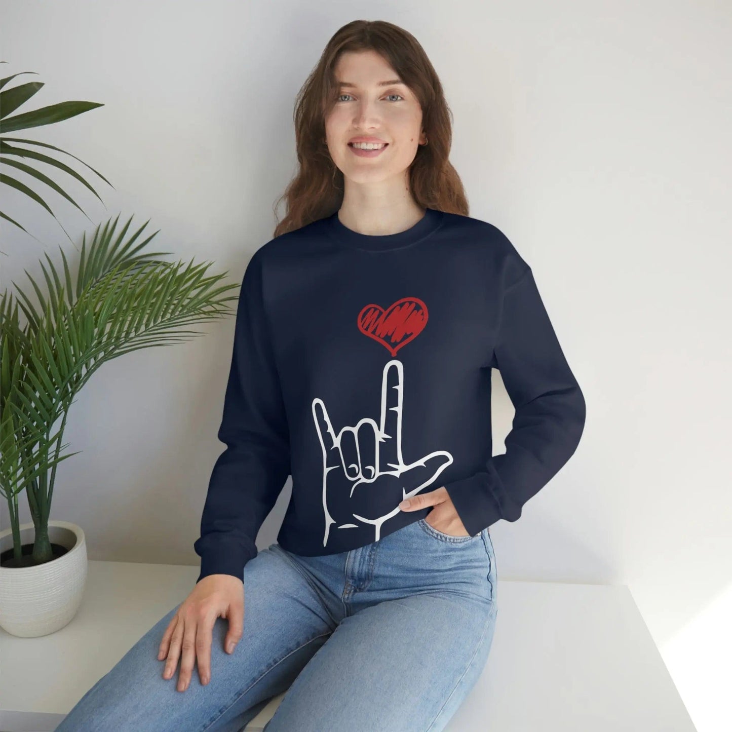 I Love You Hand Sign Sweater, ASL Crewneck Sweatshirt Navy