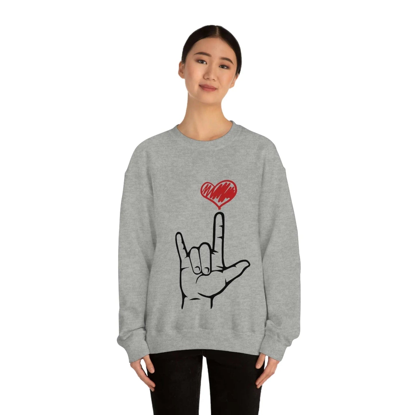 I Love You Hand Sign Sweater, ASL Crewneck Sweatshirt Sport Grey