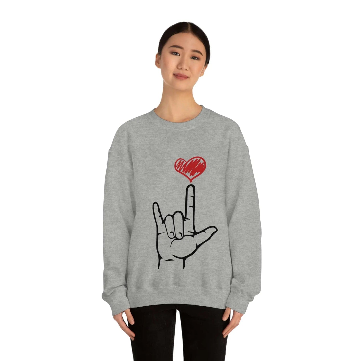 I Love You Hand Sign Sweater, ASL Crewneck Sweatshirt Sport Grey