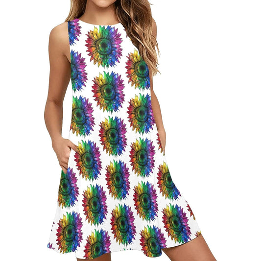 Jeweled Rainbow Sleeveless Dress with Pockets