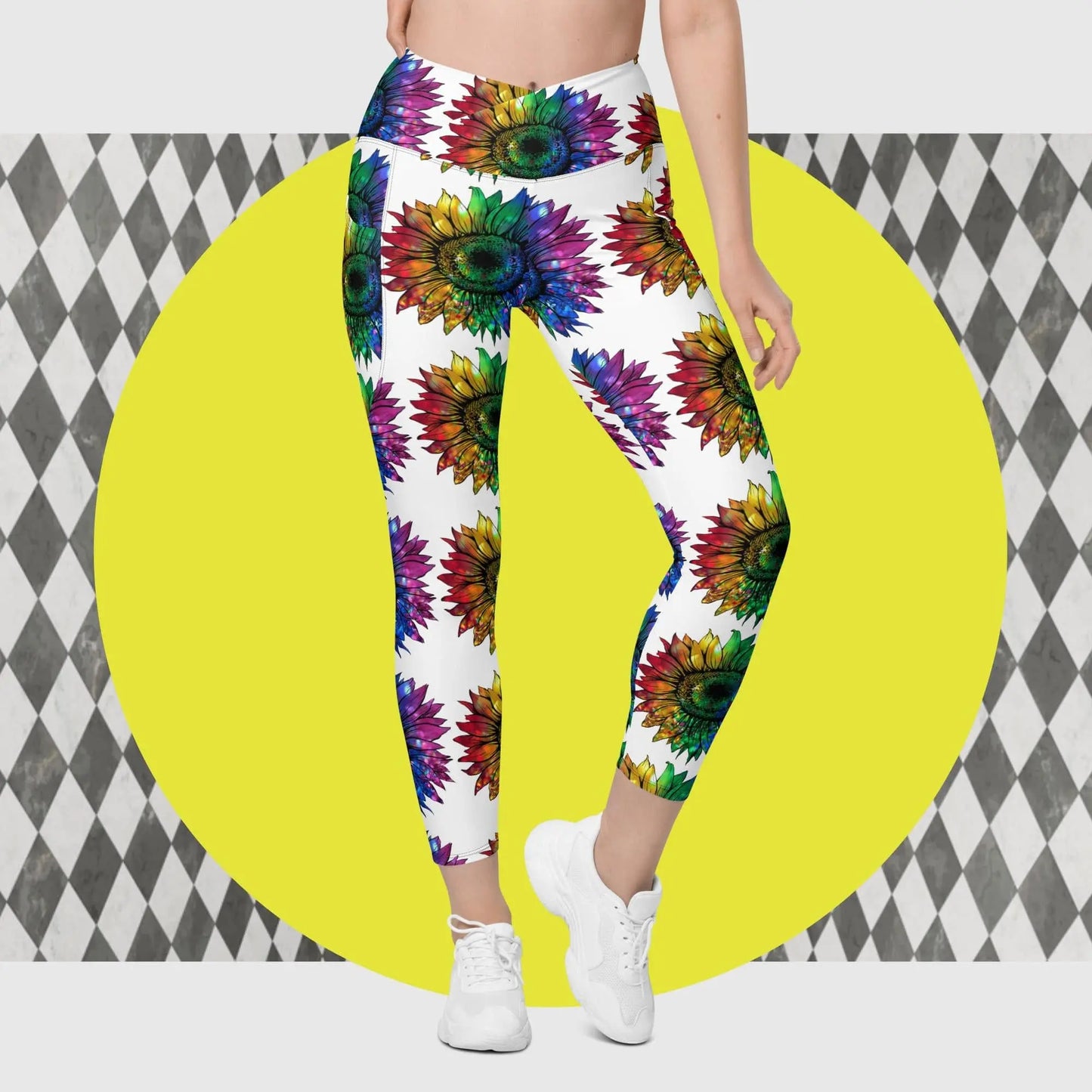 Jeweled Rainbow Sunflower Crossover leggings with pockets