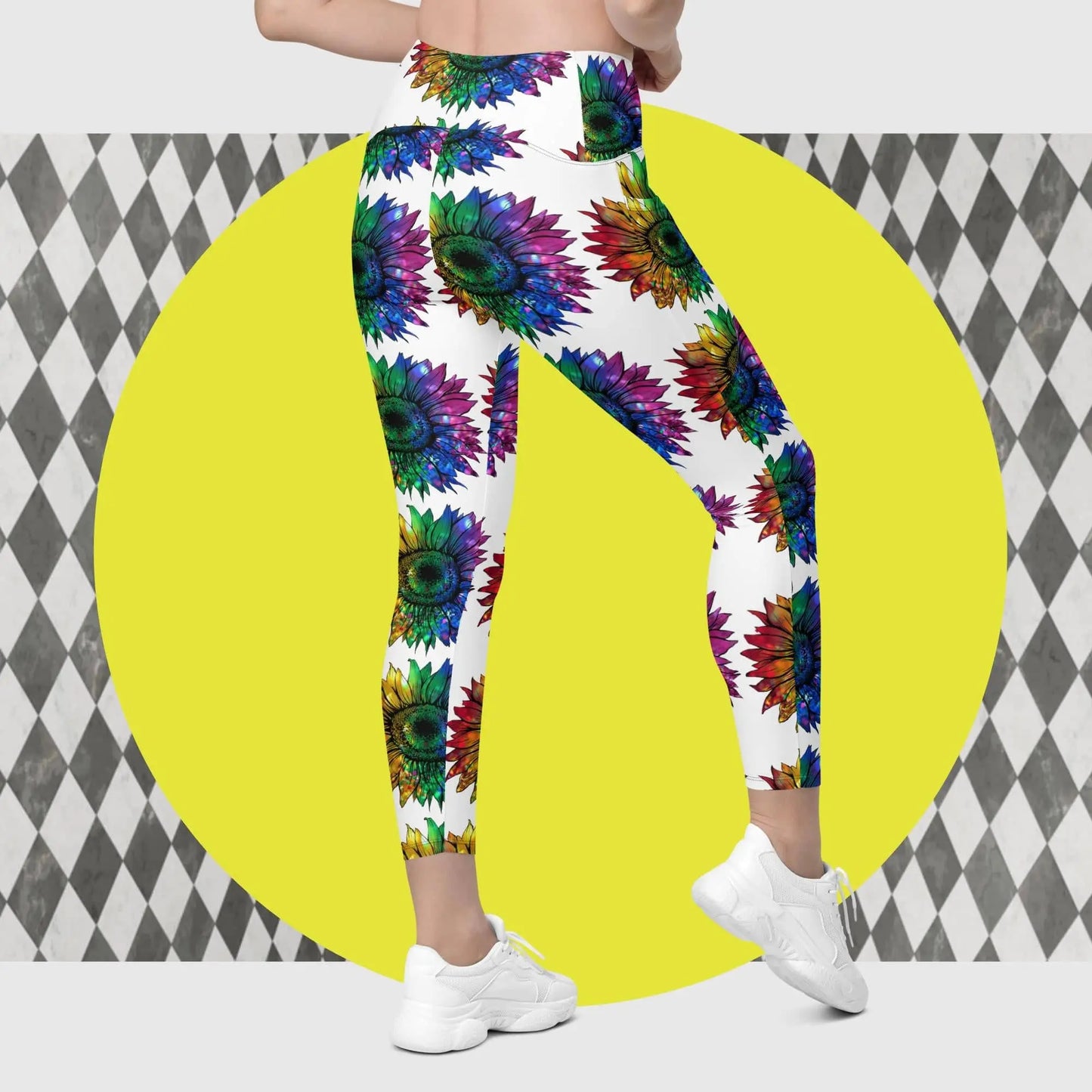 Jeweled Rainbow Sunflower Crossover leggings with pockets