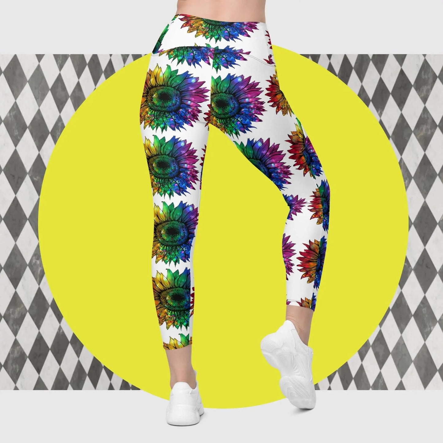 Jeweled Rainbow Sunflower Crossover leggings with pockets