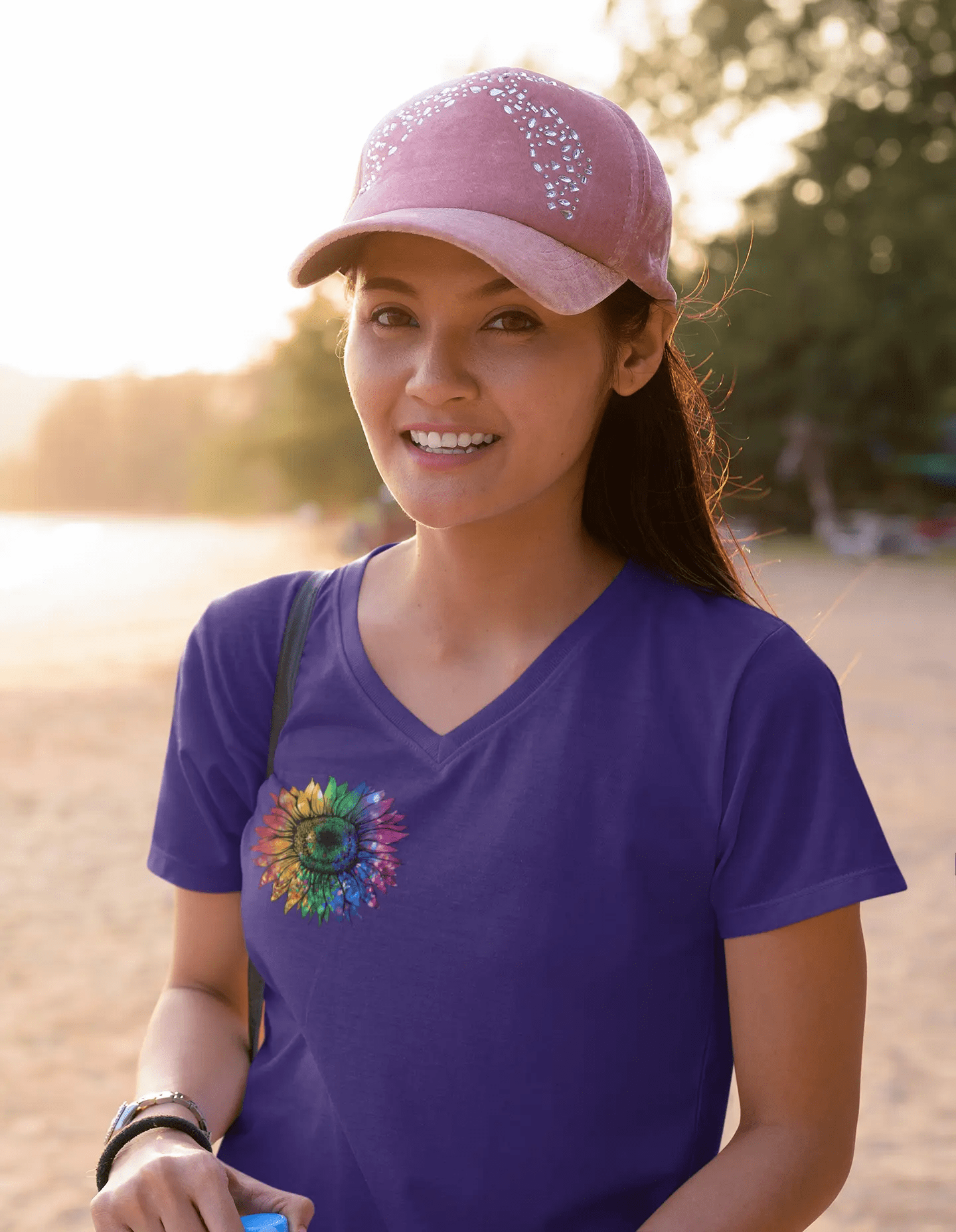 Jeweled Rainbow Sunflower Unisex V-neck T-shirt