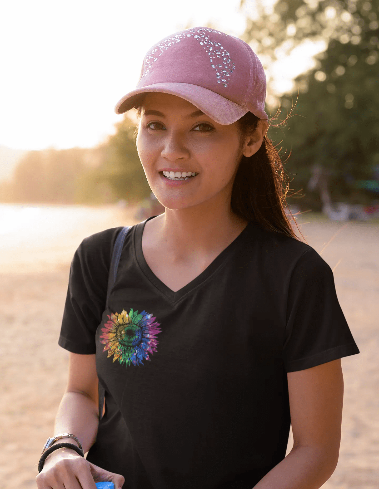 Jeweled Rainbow Sunflower Unisex V-neck T-shirt