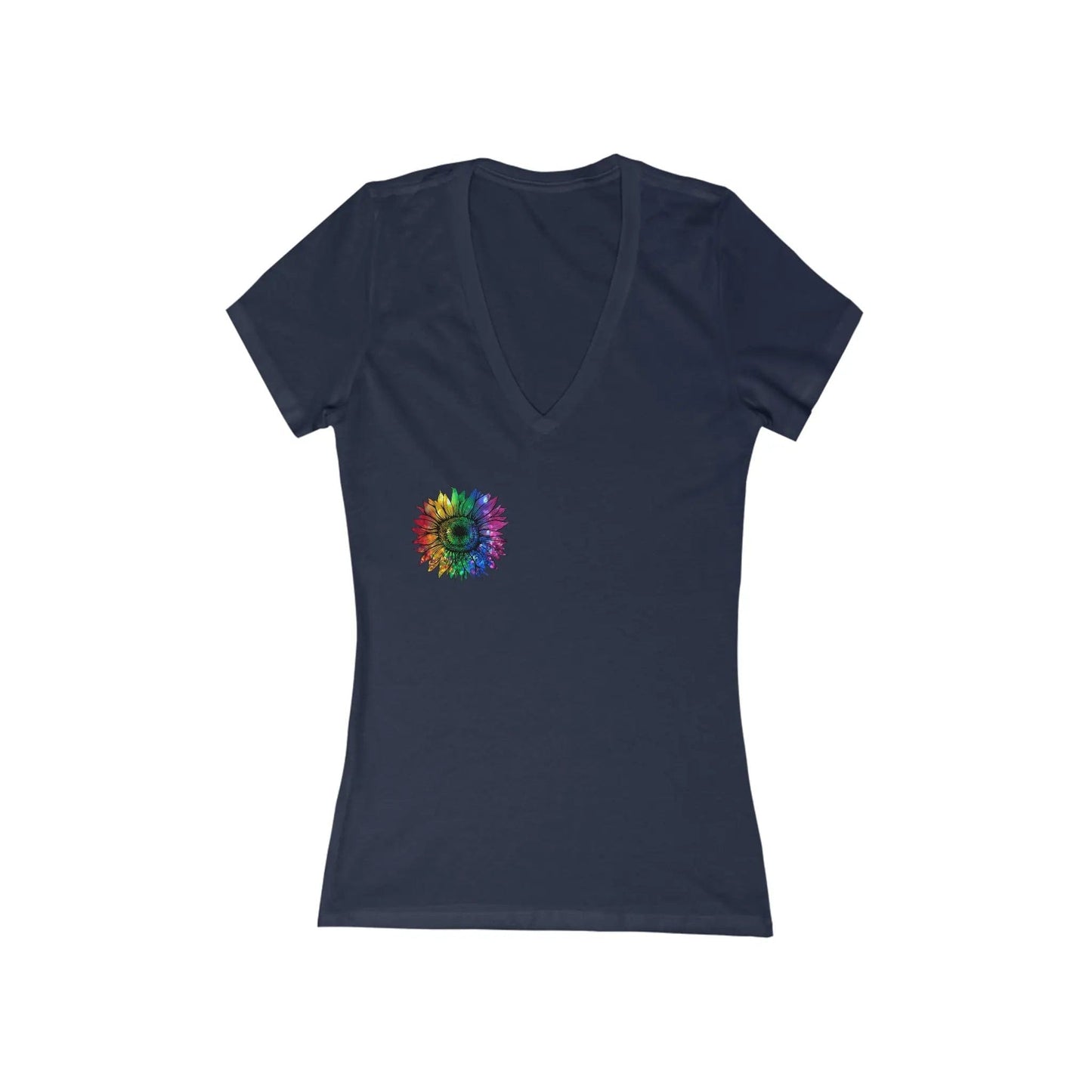 Jeweled Rainbow Sunflower Unisex V-neck T-shirt Navy