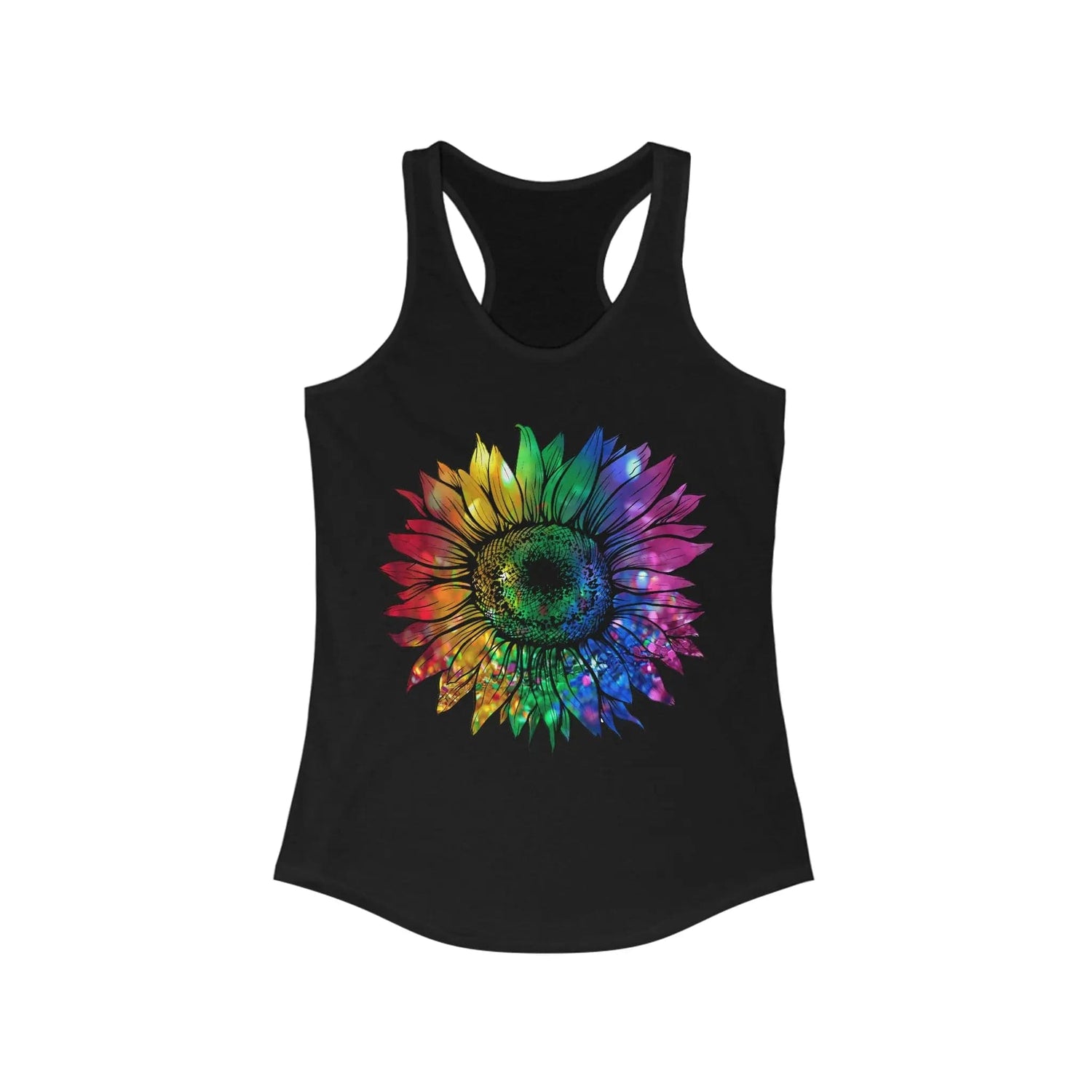 Jeweled Rainbow Sunflower Women's Ideal Racerback Tank Solid Black