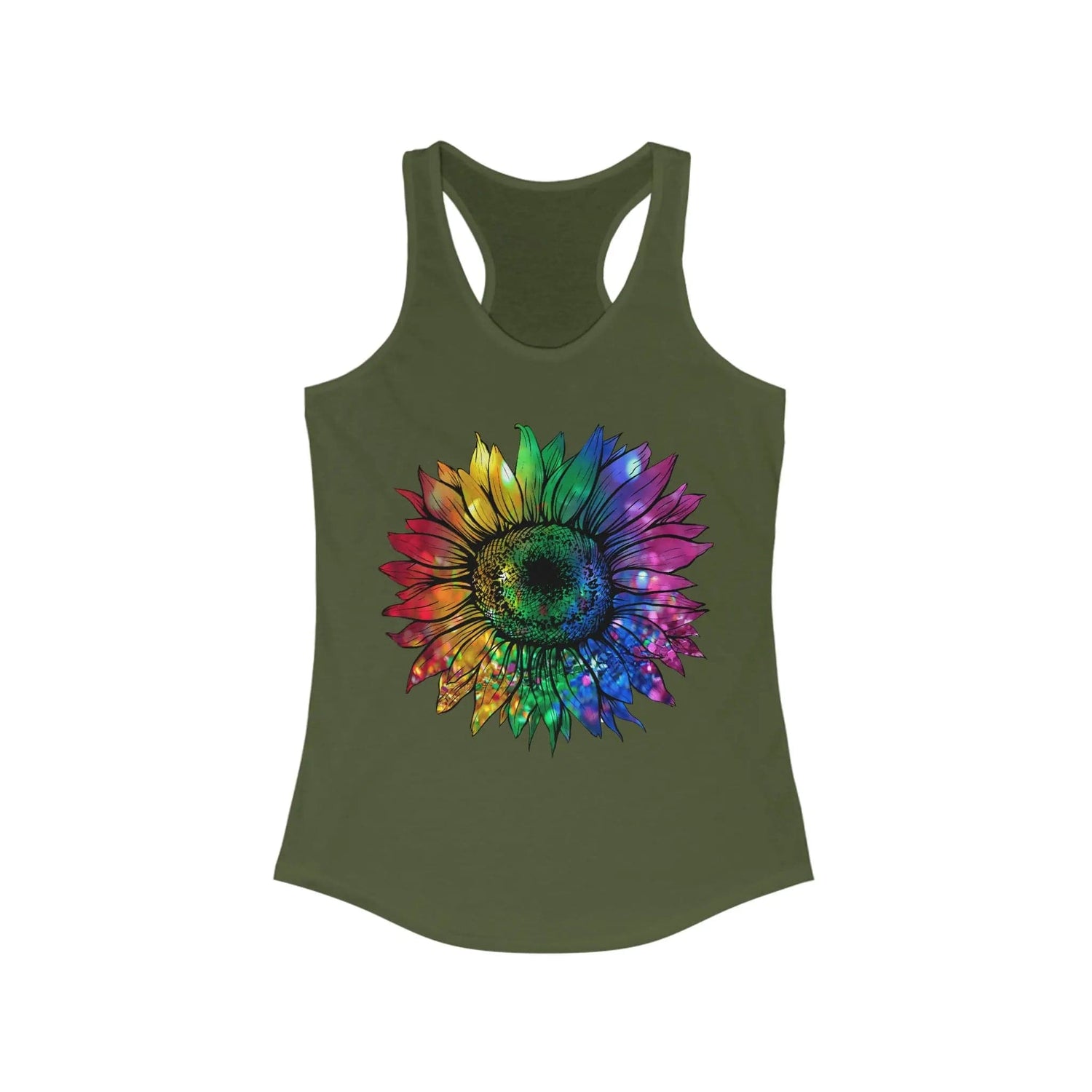 Jeweled Rainbow Sunflower Women's Ideal Racerback Tank Solid Military Green