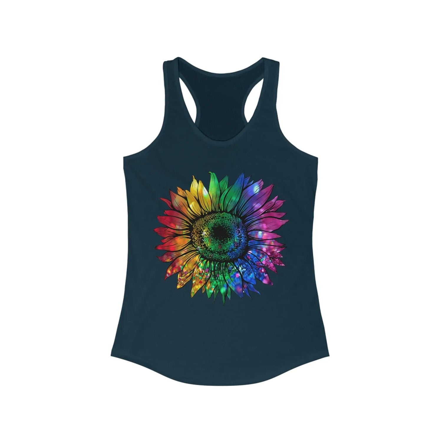 Jeweled Rainbow Sunflower Women's Ideal Racerback Tank Solid Midnight Navy