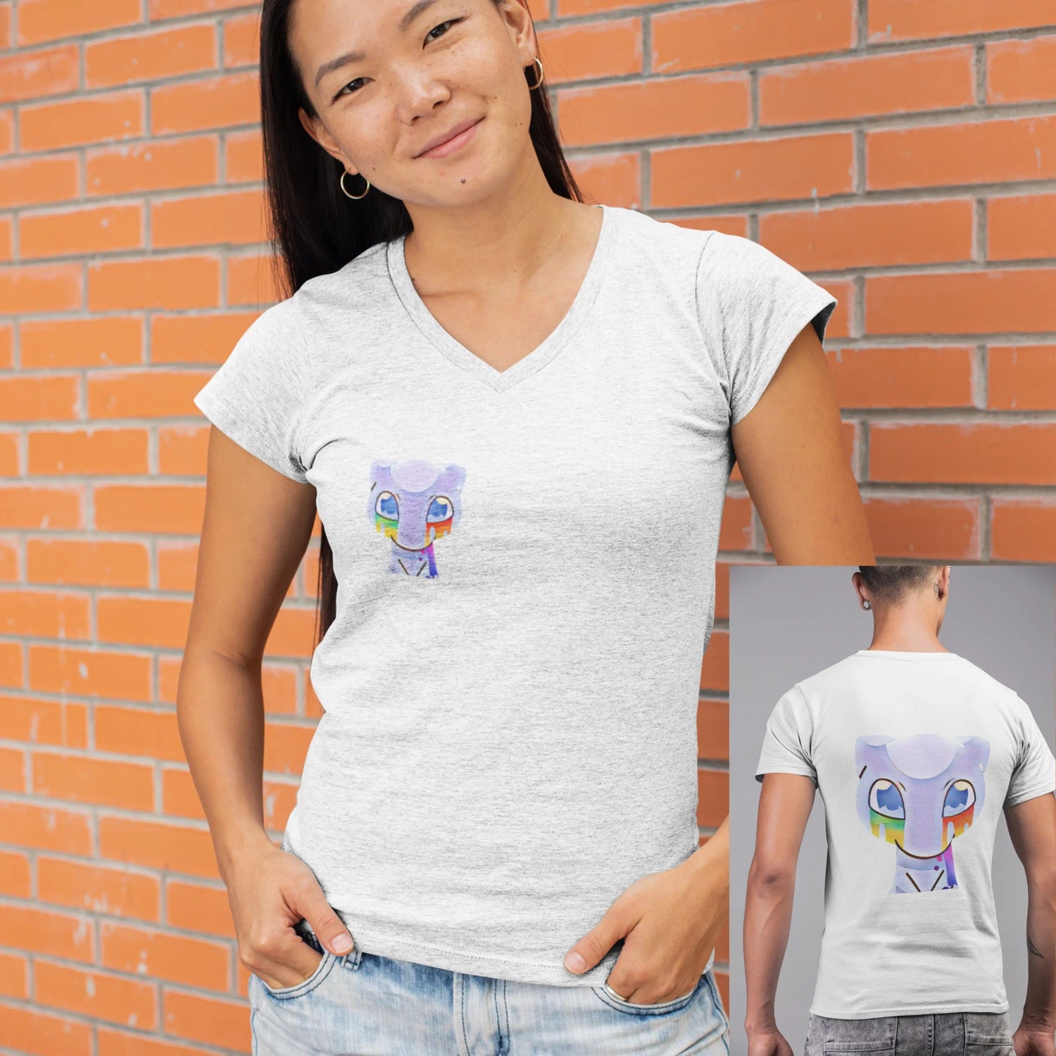 Mew Cry Rainbow Front and Back Unisex Jersey Short Sleeve V-Neck Tee