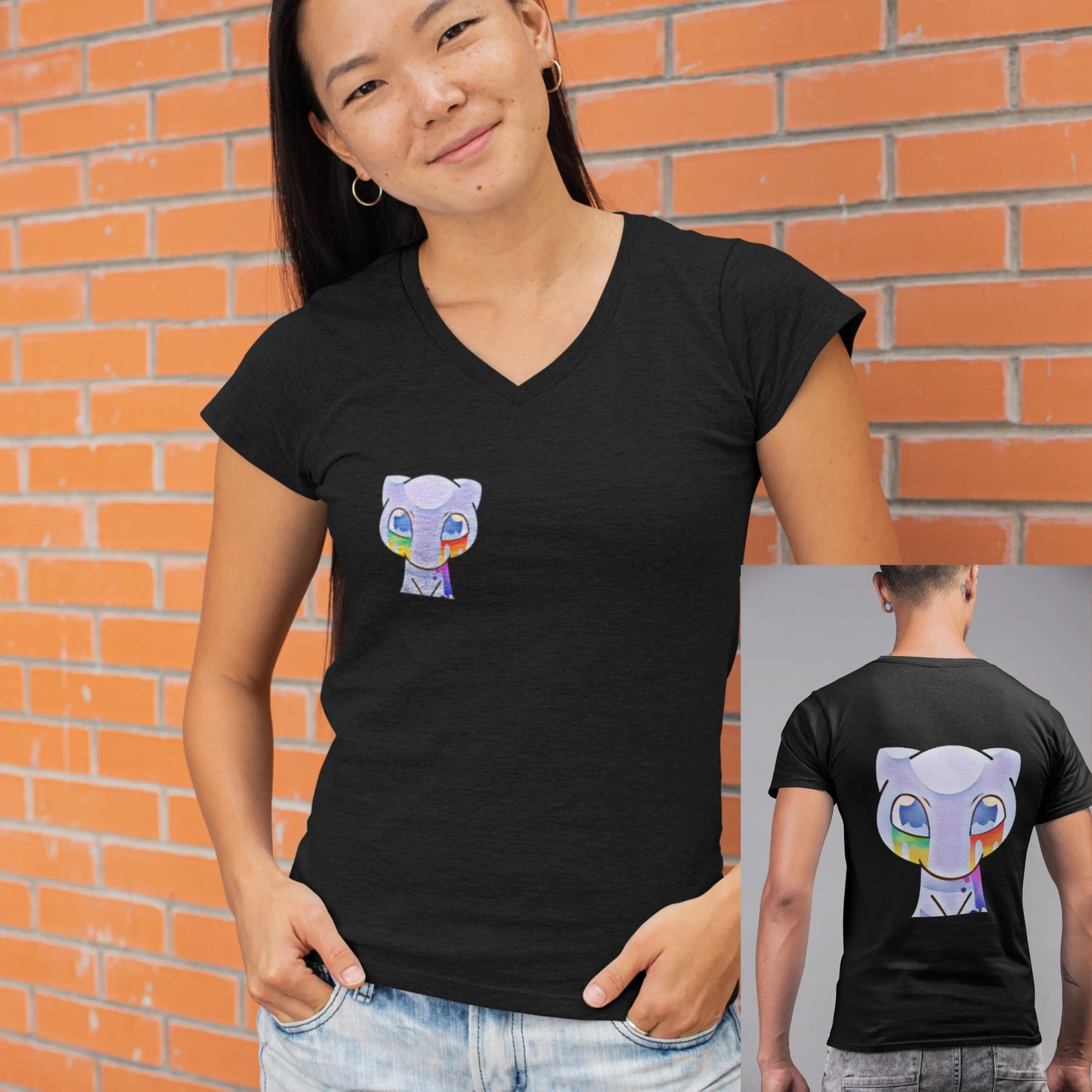 Mew Cry Rainbow Front and Back Unisex Jersey Short Sleeve V-Neck Tee