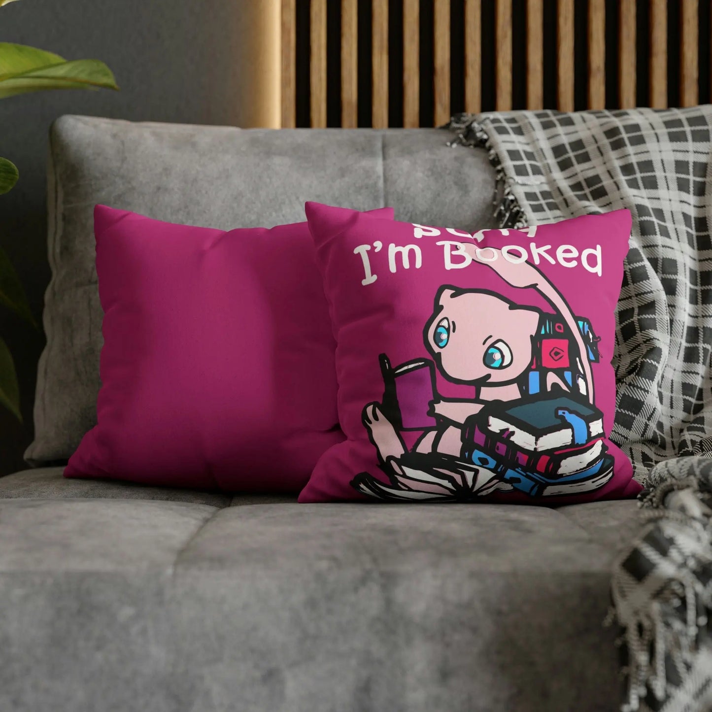 Mew Pokemon Sorry I'm Booked Faux Suede Square Pillow Case in pink