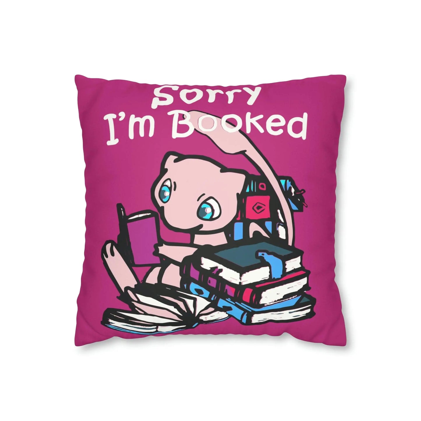 Mew Pokemon Sorry I'm Booked Faux Suede Square Pillow Case in pink