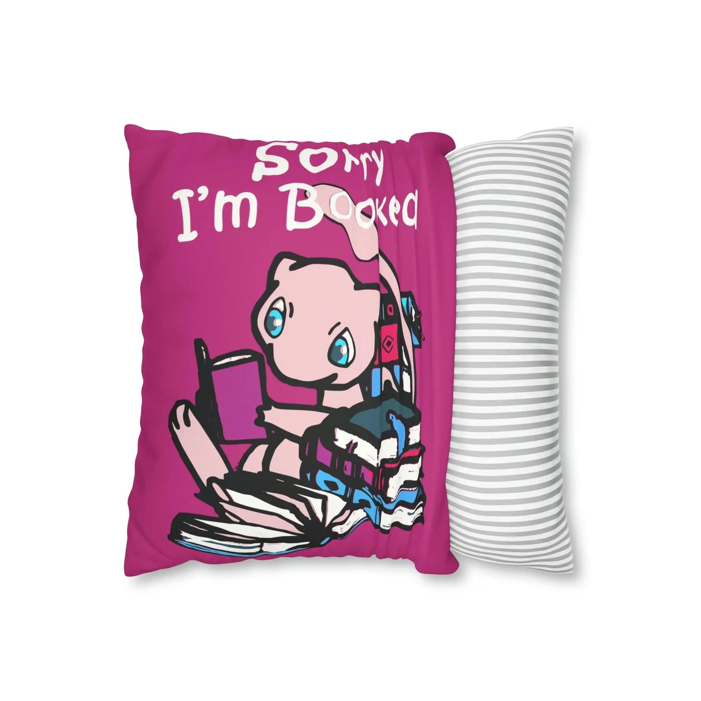 Mew Pokemon Sorry I'm Booked Faux Suede Square Pillow Case in pink